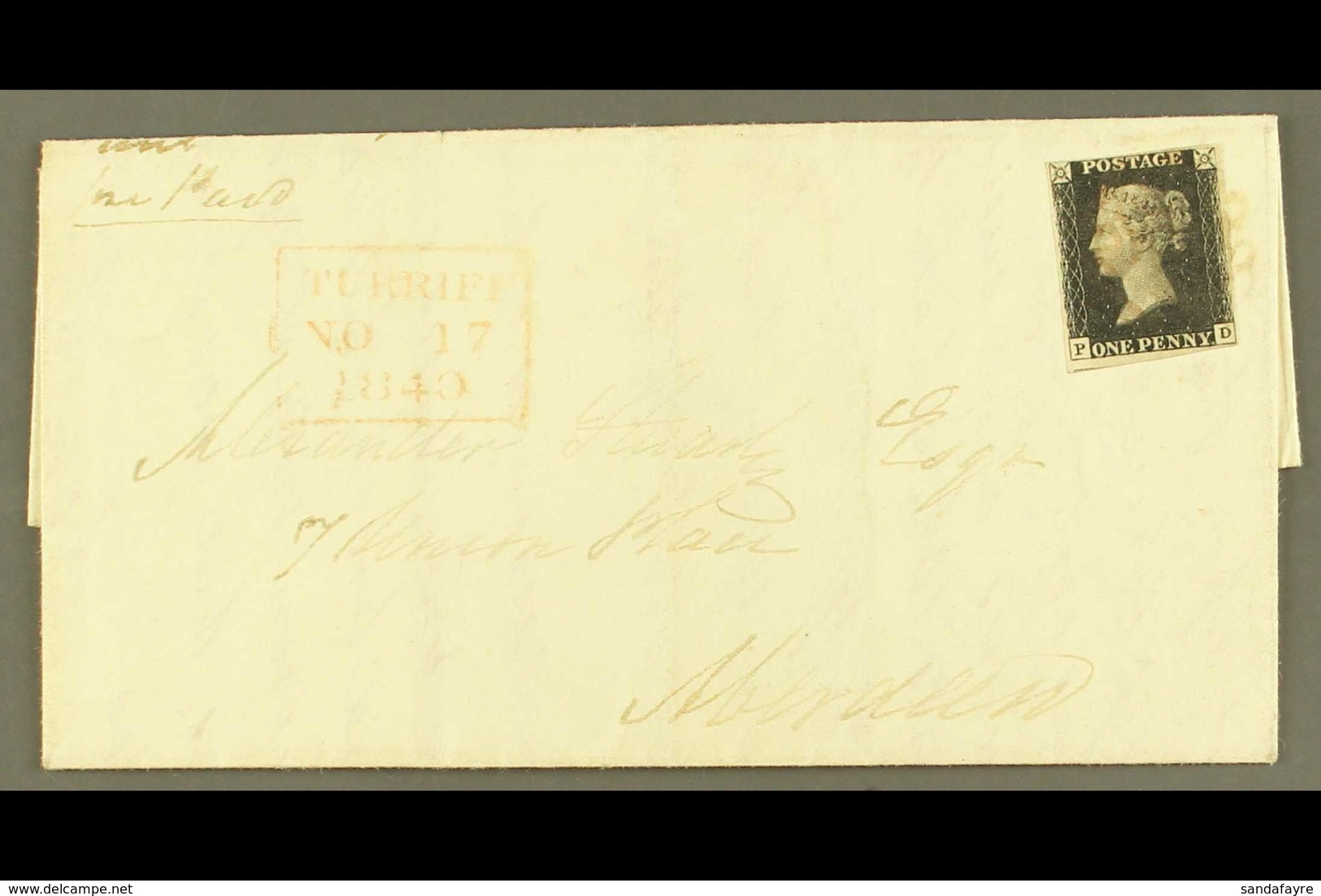 1840 (17 Nov) Entire Letter To Aberdeen Bearing 1d Intense Black 'PD', Plate 2, 4 Margins, Tied By Faint Red MC Pmk; Alo - Sin Clasificación