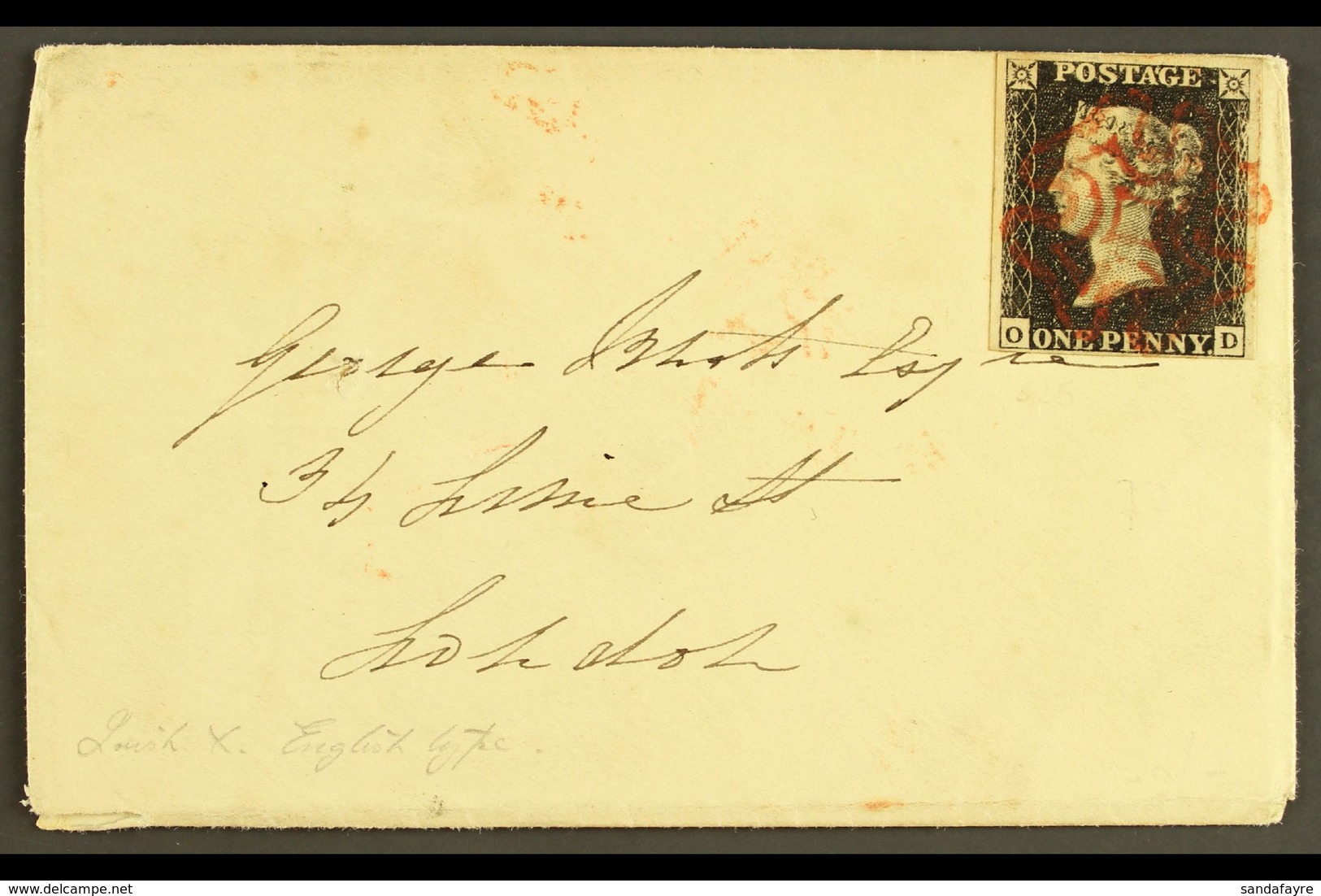 1840 (22 Aug) Env To London Bearing 1d Black 'OD' Plate IV With 4 Small To Very Large Neat Margins Tied By Lovely Red MC - Non Classés