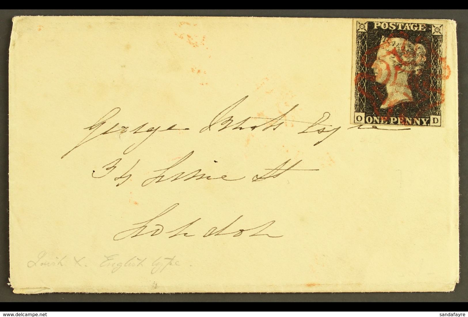 1840 (22 Aug) Env To London Bearing 1d Black 'OD' Plate IV With 4 Small To Very Large Neat Margins Tied By Lovely Red MC - Unclassified