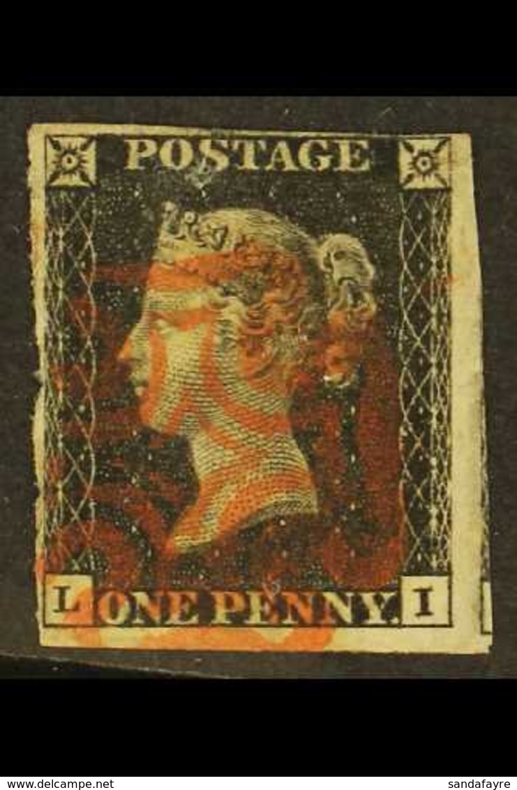 1840 1d Black 'LI' Plate 7, SG 2, 4 Margins And Upright Red MC Pmk. A Tiny Thin At Top But A Very Pretty Stamp. For More - Non Classés