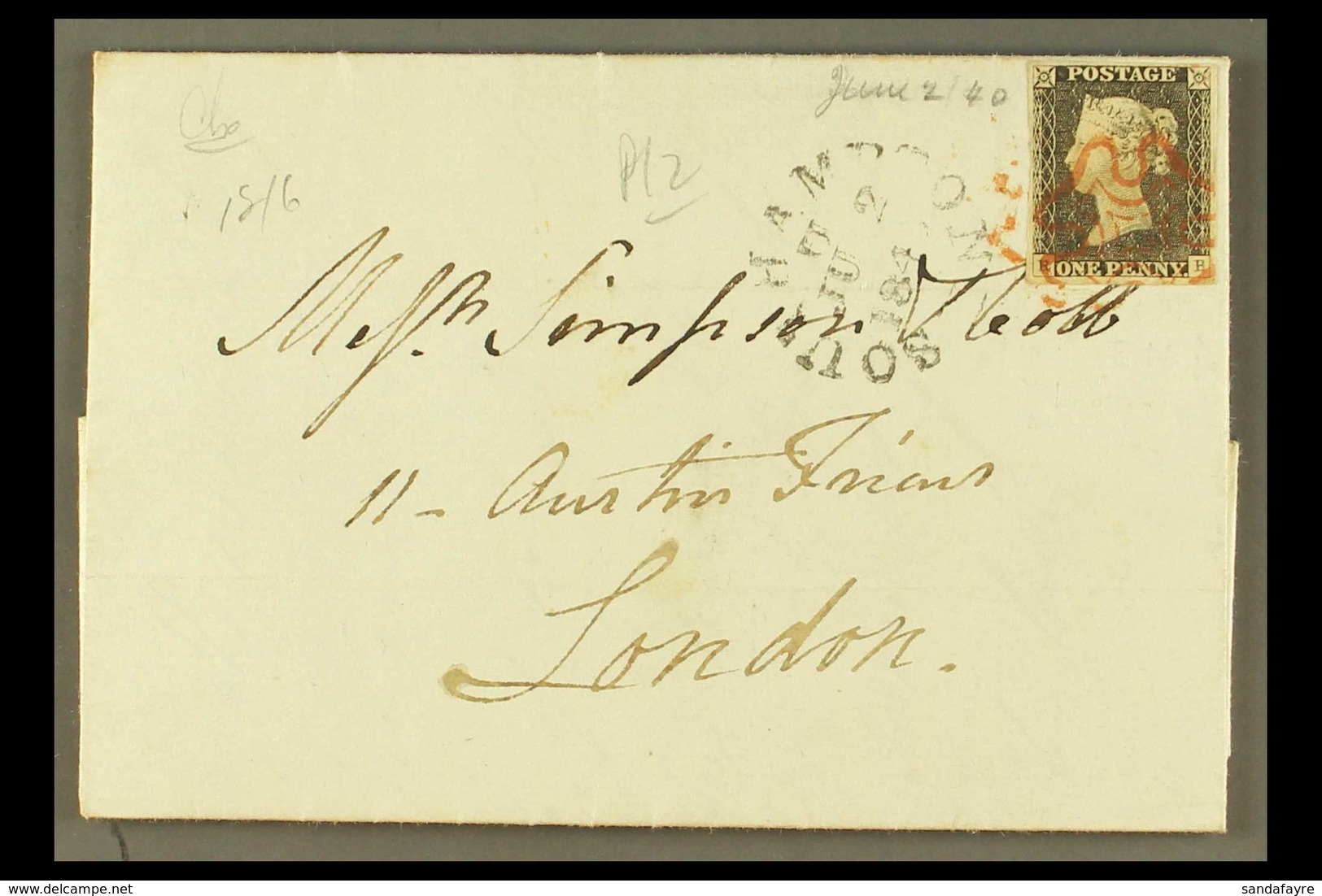 1840 1d Black 'RB' Plate 2, SG 3, Used With 4 Margins And A Lovely Red Maltese Cross Cancellation, On A Cover To Which I - Unclassified