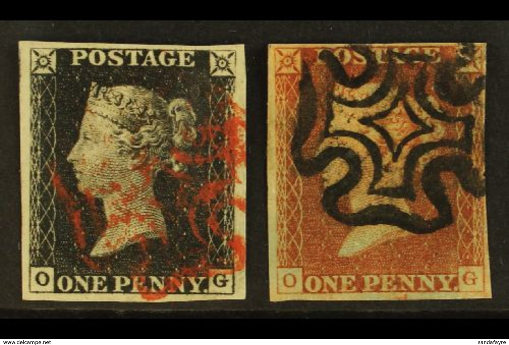 1840/1841 MATCHED PAIR. 1840 1d Black 'OG' Plate 2, And 1841 1d Red-brown 'OG' Plate 2, Each Used With 4 Margins (2 Stam - Non Classés