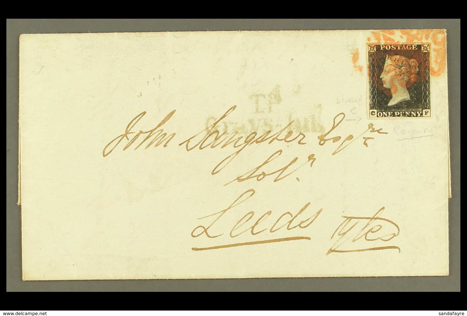 1841 (21 Jan) ELS Without Creases Or Folds Sent From London To Leeds Bearing A 1d Intense Black 'CF' From Plate 1b With  - Ohne Zuordnung