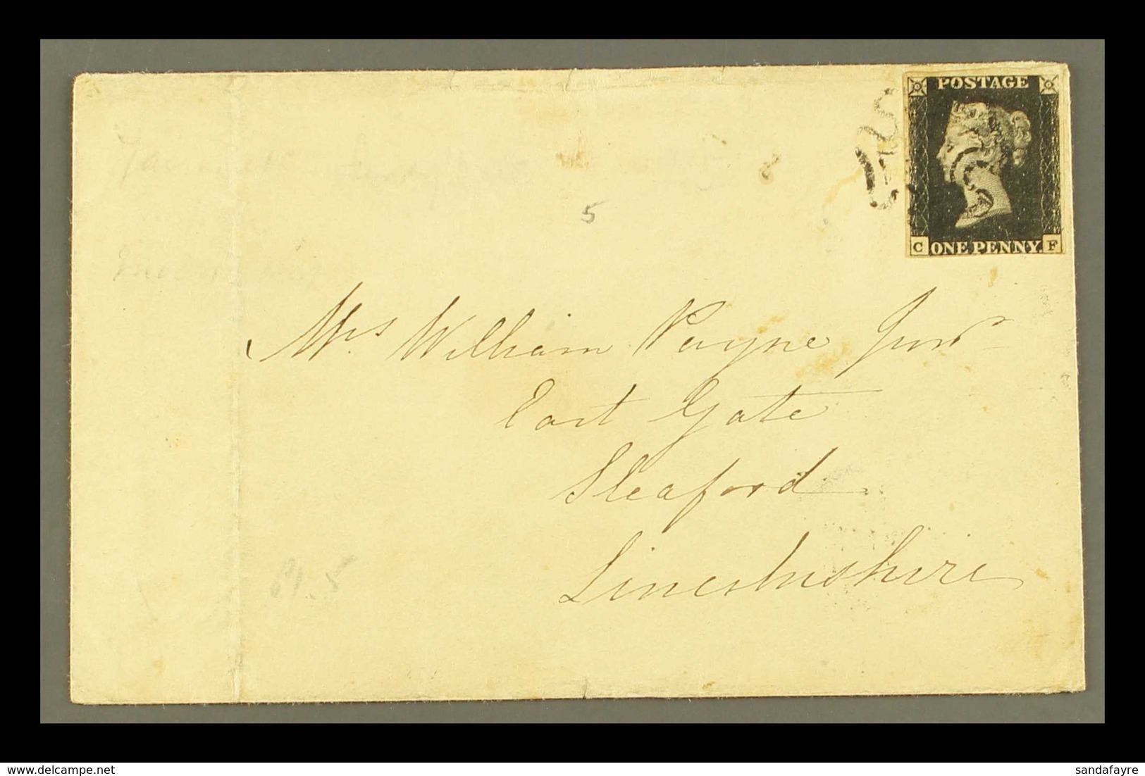 1841 (21 Mar) Env From Yarmouth To Sleaford, Lincs Bearing 1d Intense Black 'CF' Plate 5 (SG 1) With Good Margins Just T - Ohne Zuordnung