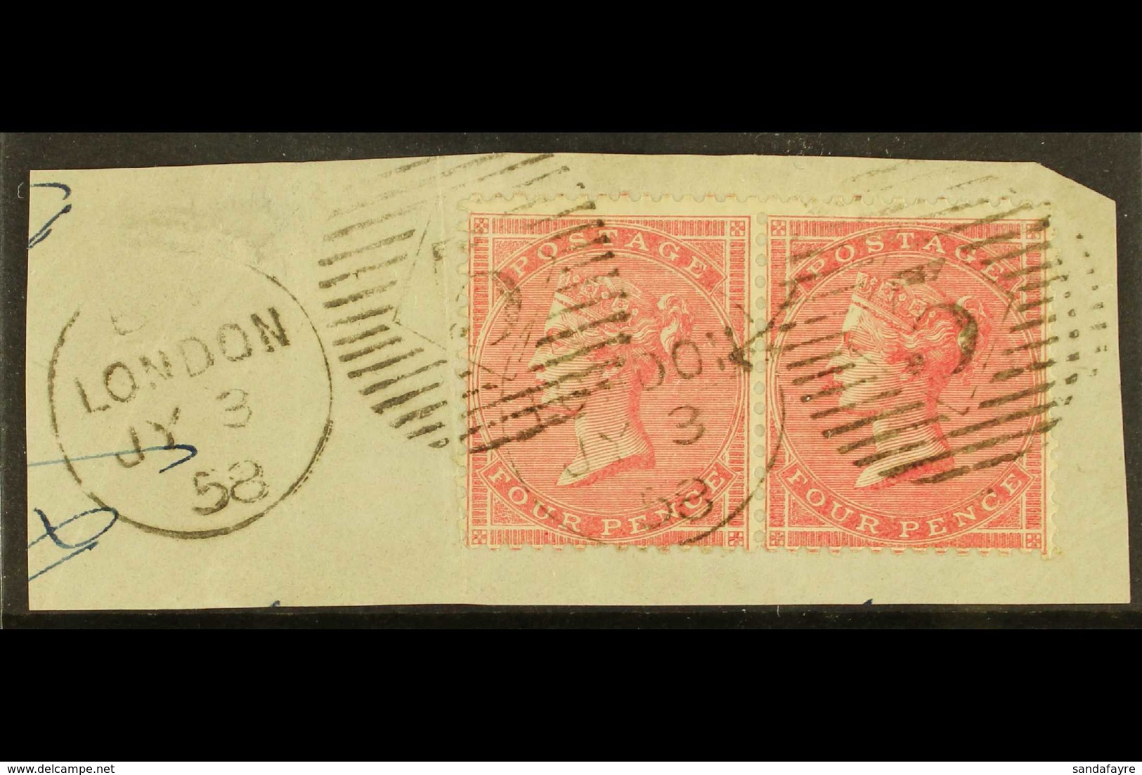 1855-57 4d Rose-carmine On Thick Glazed  Paper, Wmk Large Garter, SG 66b, Very Fine Used Pair Tied To A Piece With Delic - Autres & Non Classés