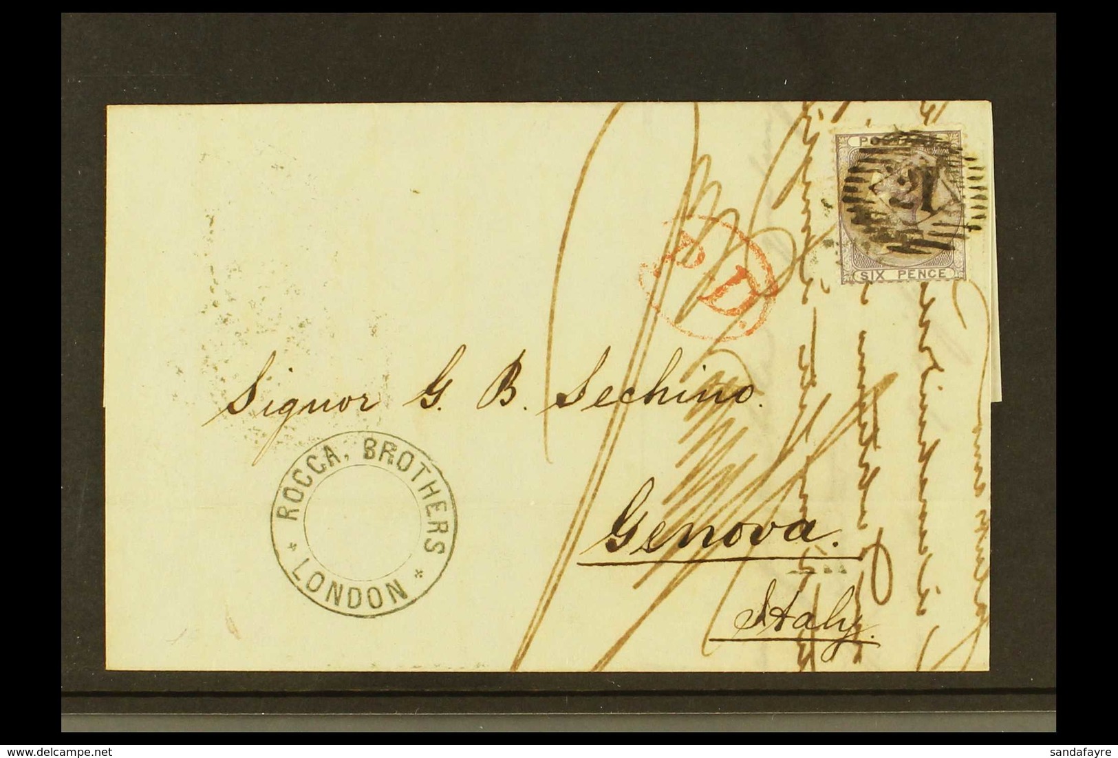 1858 (25th May) 6d Lilac, No Corner Letters, SG 69, On Entire To Italy, Tied By "21" Numeral London District Cancel, "P. - Autres & Non Classés