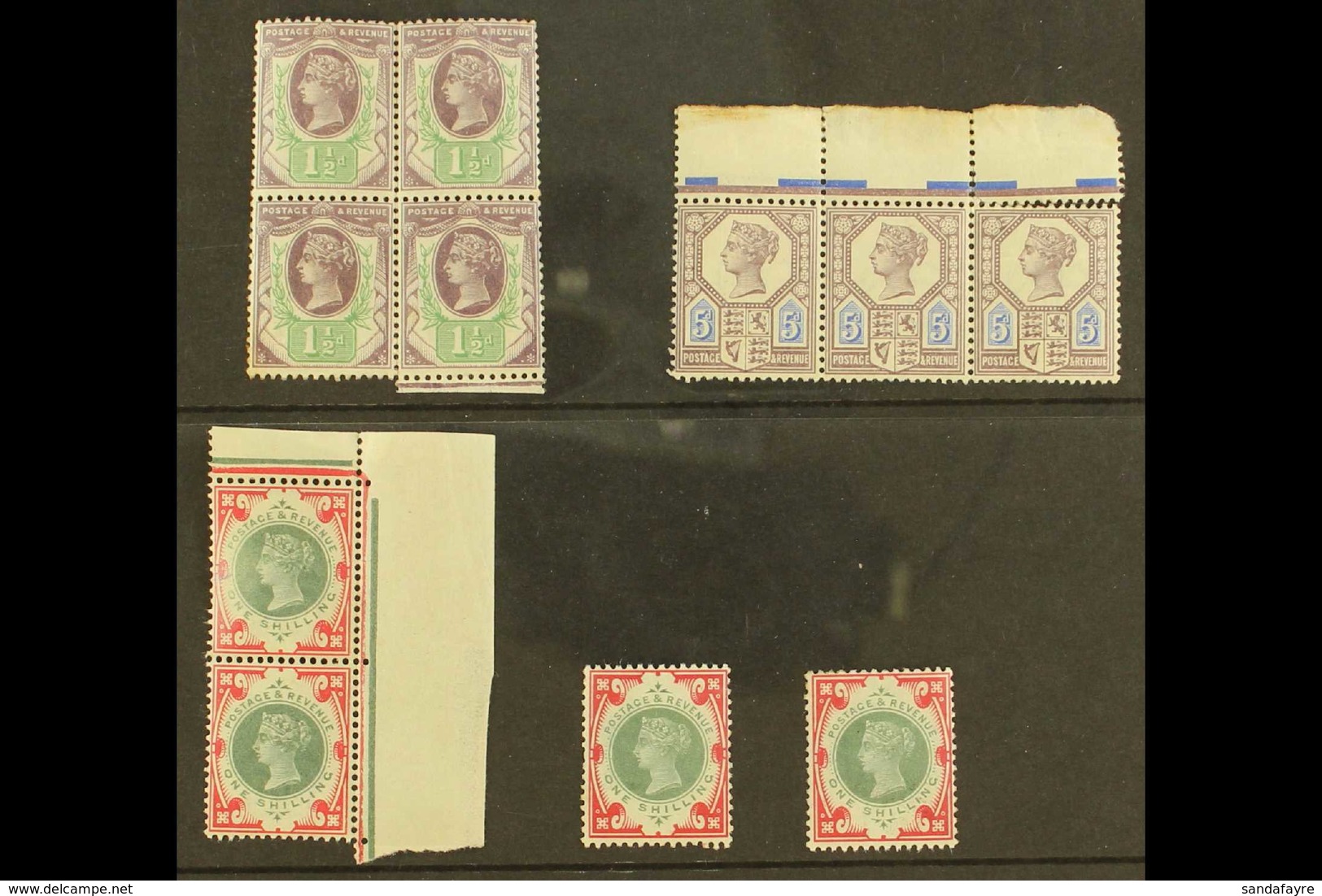 1887-1900 "Jubilee" Never Hinged Mint Comprising 1½d Block Of Four, 5d (Die II) Strip Of Three, And 1s Green And Carmine - Other & Unclassified