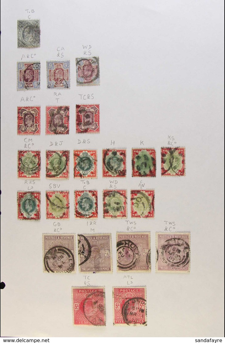 1902-1911 PERFINS. An Interesting Used Collection Of Various KEVII Issues On Leaves With Values To 2s6d (x4) & 5s (x2),  - Ohne Zuordnung