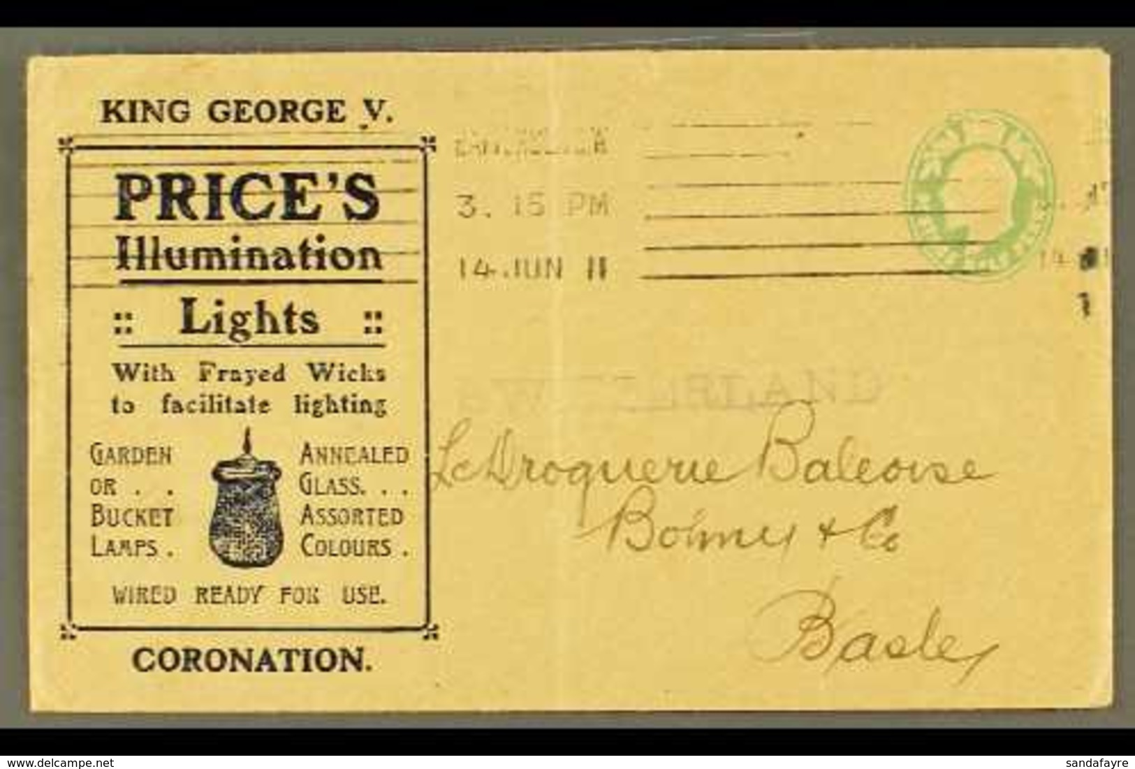 1911 CORONATION - PRINTED PRICE'S ILLUMINATION LIGHTS ADVERT COVER (14th June) Printed Advert On KE7 ½d Envelope To Swit - Ohne Zuordnung