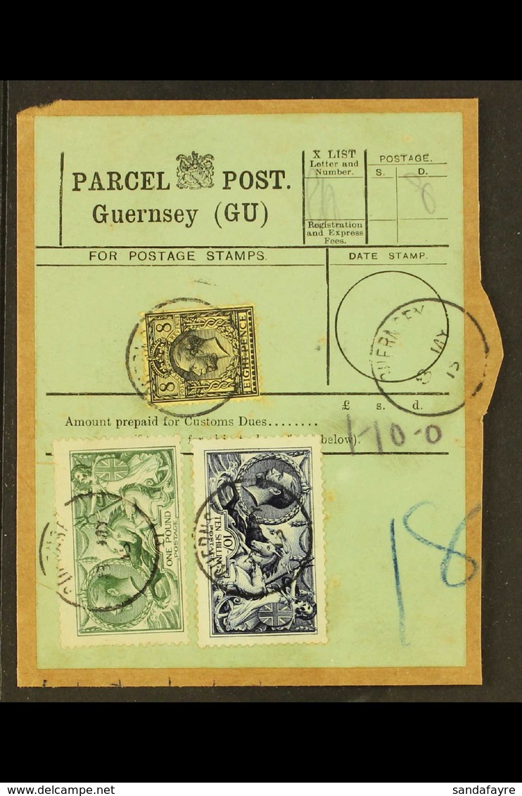 1913 10s Indigo "Seahorse" , £1 Dull Blue Green "Seahorse" & An 8d Black/yellow Definitive Tied To A Complete Guernsey P - Ohne Zuordnung