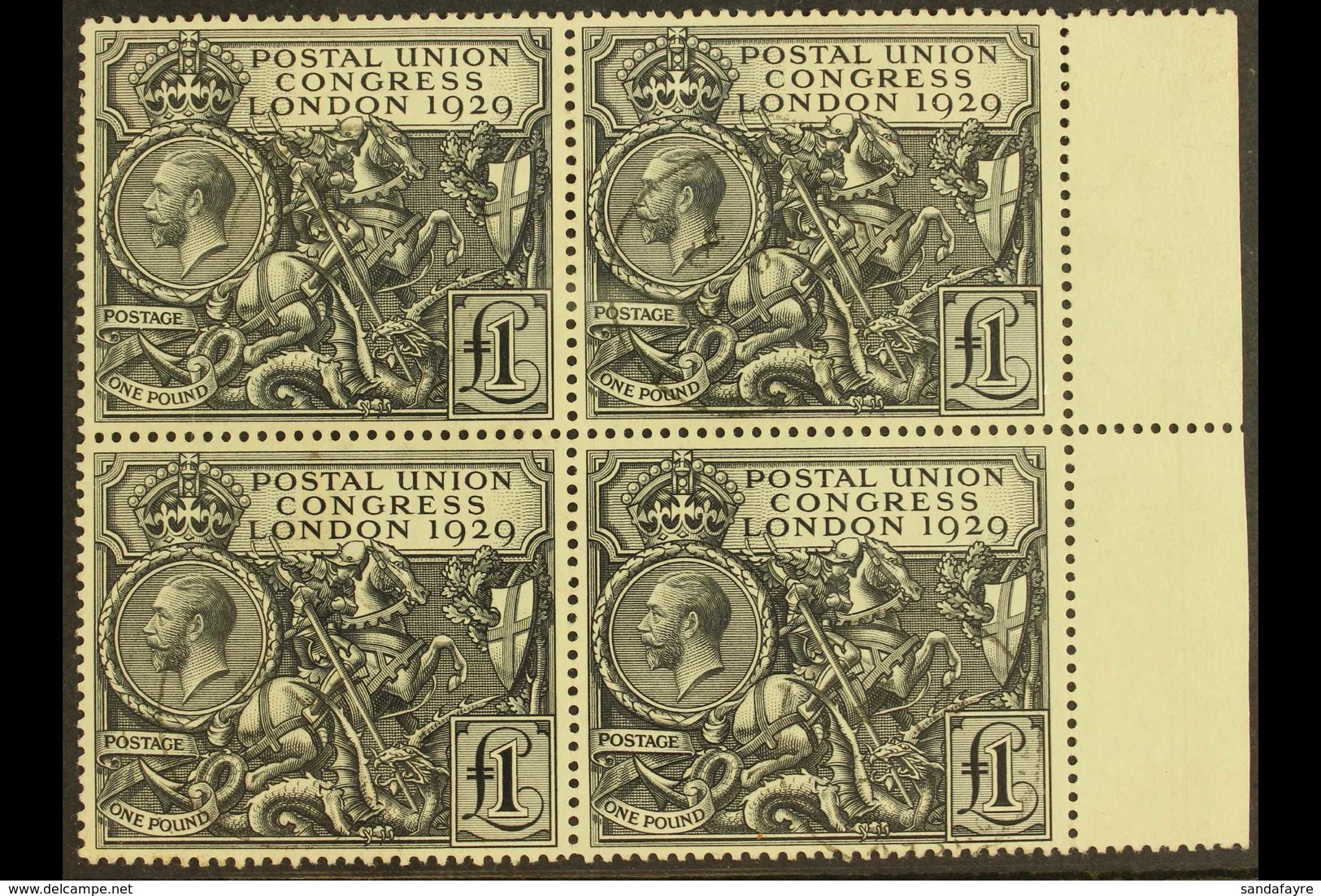1929 £1 Black PUC, SG 438, Superb Marginal Used Block Of 4 With Light Cds Cancel On Each Stamp. Highly Attractive. For M - Ohne Zuordnung