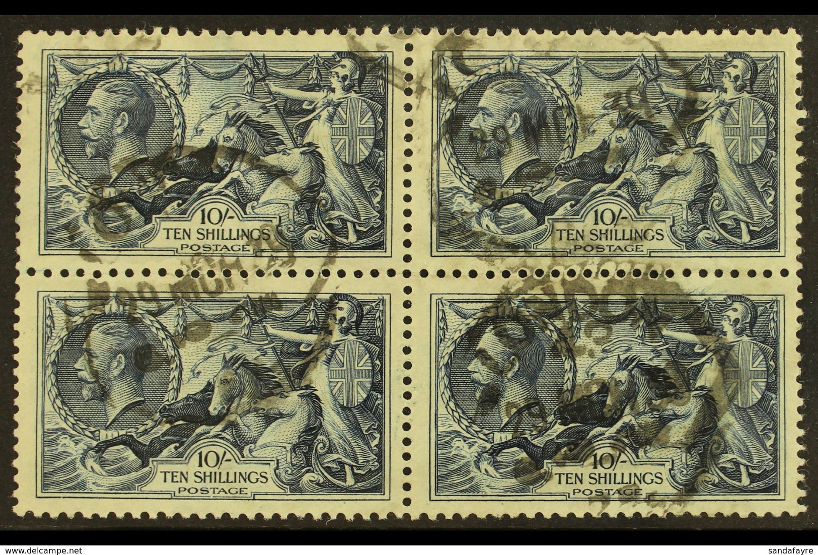 1934 SCARCE SEAHORSE BLOCK OF 4 10s Indigo Re-engraved Seahorse, SG 452, Fine Used BLOCK Of 4, Lovely Fresh Colour, Rare - Sin Clasificación