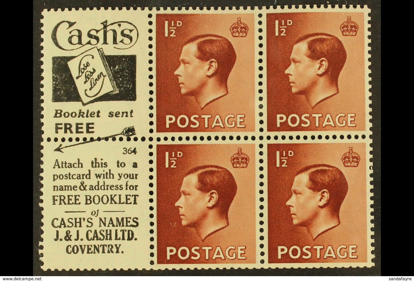 BOOKLET PANES WITH ADVERTISING LABELS 1½d Red Brown Booklet Panes Of 4 With 2 Advertising Labels (Cash's), SG Spec. PB5  - Non Classés