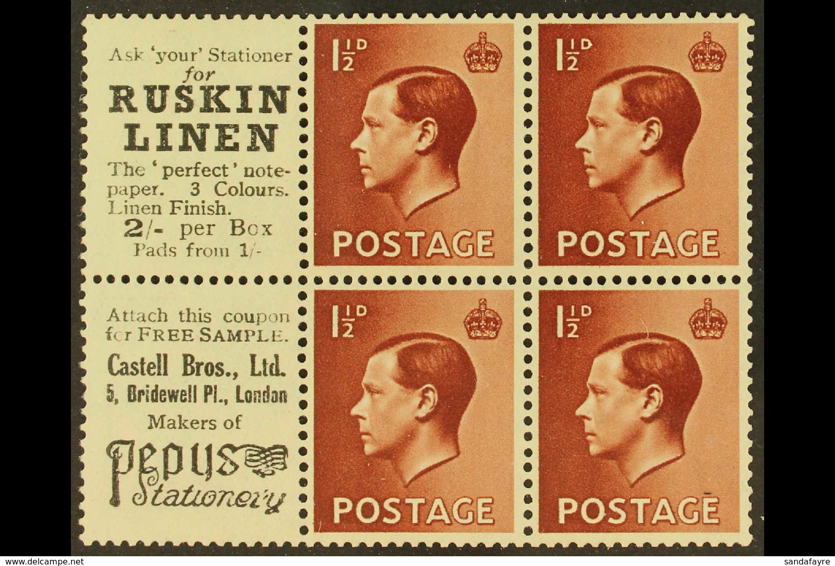 BOOKLET PANES WITH ADVERTISING LABELS 1½d Red Brown Booklet Panes Of 4 With 2 Advertising Labels (Ruskin Linen),  SG Spe - Non Classés