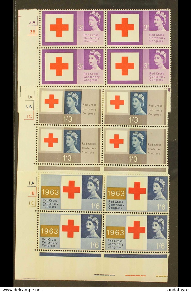 1963 Red Cross Centenary Phosphor Set (SG 642p/44p) In CYLINDER NUMBER BLOCKS OF FOUR, Never Hinged Mint. Scarce! (3 Blo - Autres & Non Classés