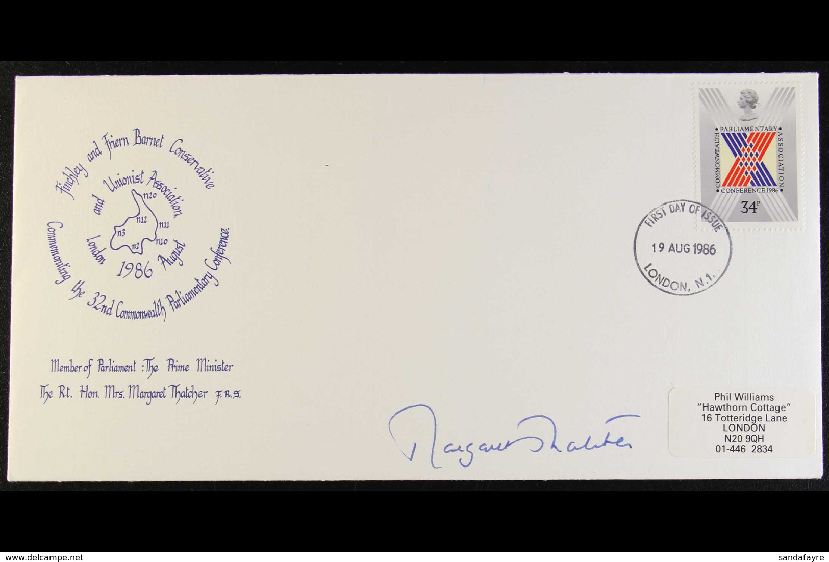 1986 MARGARET THATCHER SIGNED FDC. 1986 (19 Aug) 34p Commonwealth Parliamentary Conference Illustrated Finchley And Frie - Autres & Non Classés