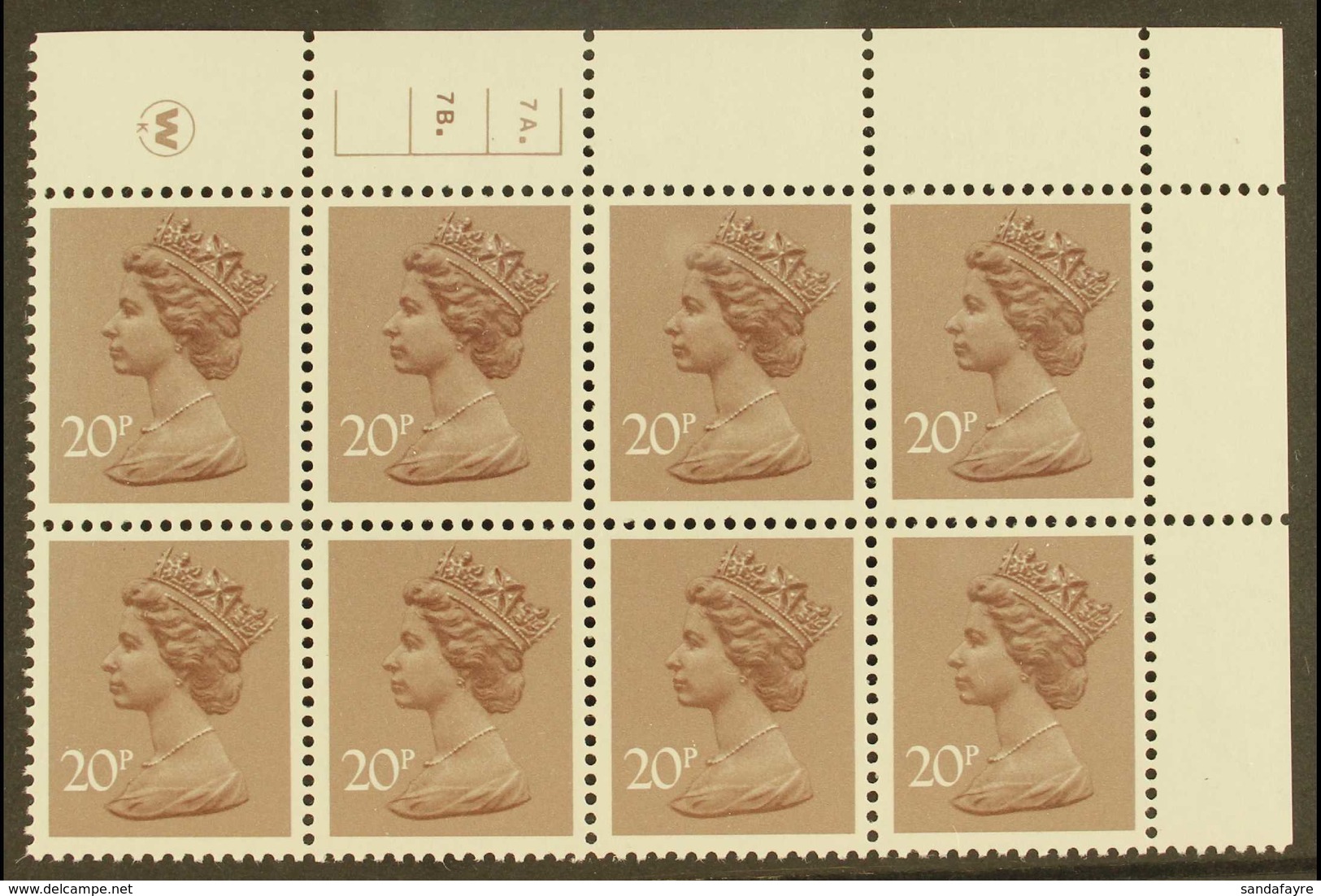 MACHIN PLATE NUMBER BLOCK 1981 20p Dull Purple, SG X999, Perf 14 (Litho) Waddington, Phosphorised (FCP), Plate 7A. 7B. B - Sonstige & Ohne Zuordnung