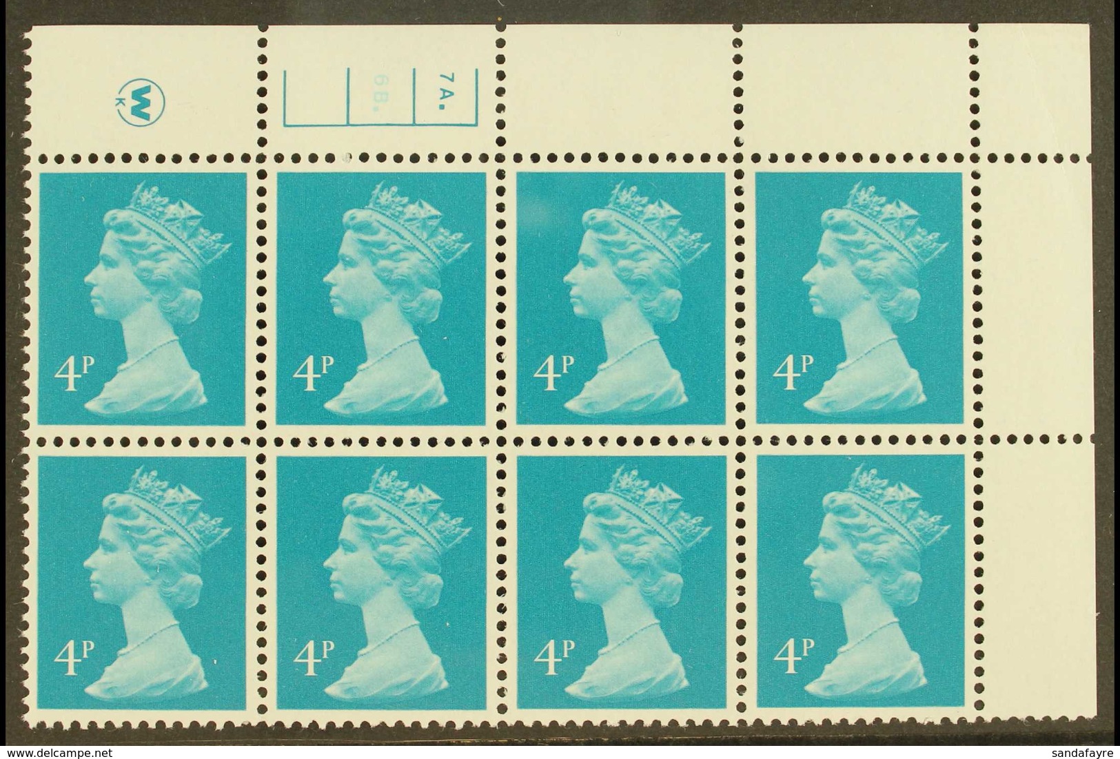 MACHIN PLATE NUMBER BLOCK 1981 4p Greenish Blue, SG X997, Perf 14 (Litho) Waddington, Phosphorised (FCP), Plate 7A. 6B.  - Autres & Non Classés