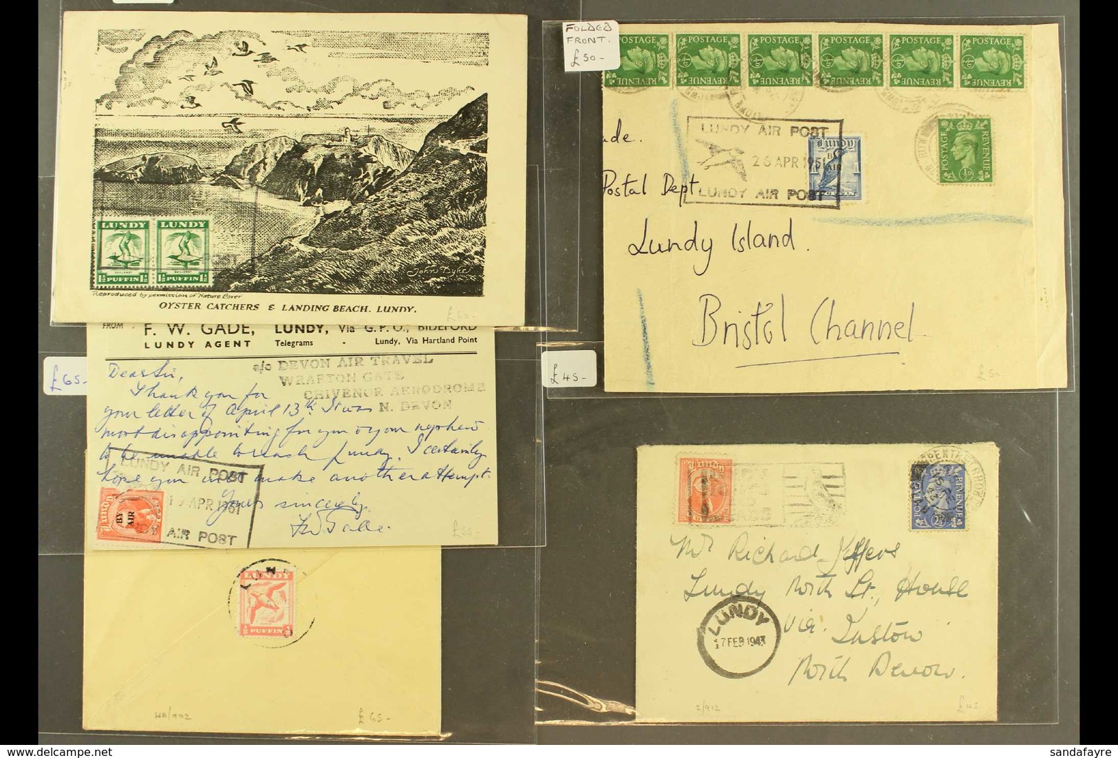 LUNDY 1943-1953 COVERS AND CARDS, All Bearing GB KGVI And Lundy Island Stamps. Comprises Two Envelopes, Two Postcards An - Sonstige & Ohne Zuordnung