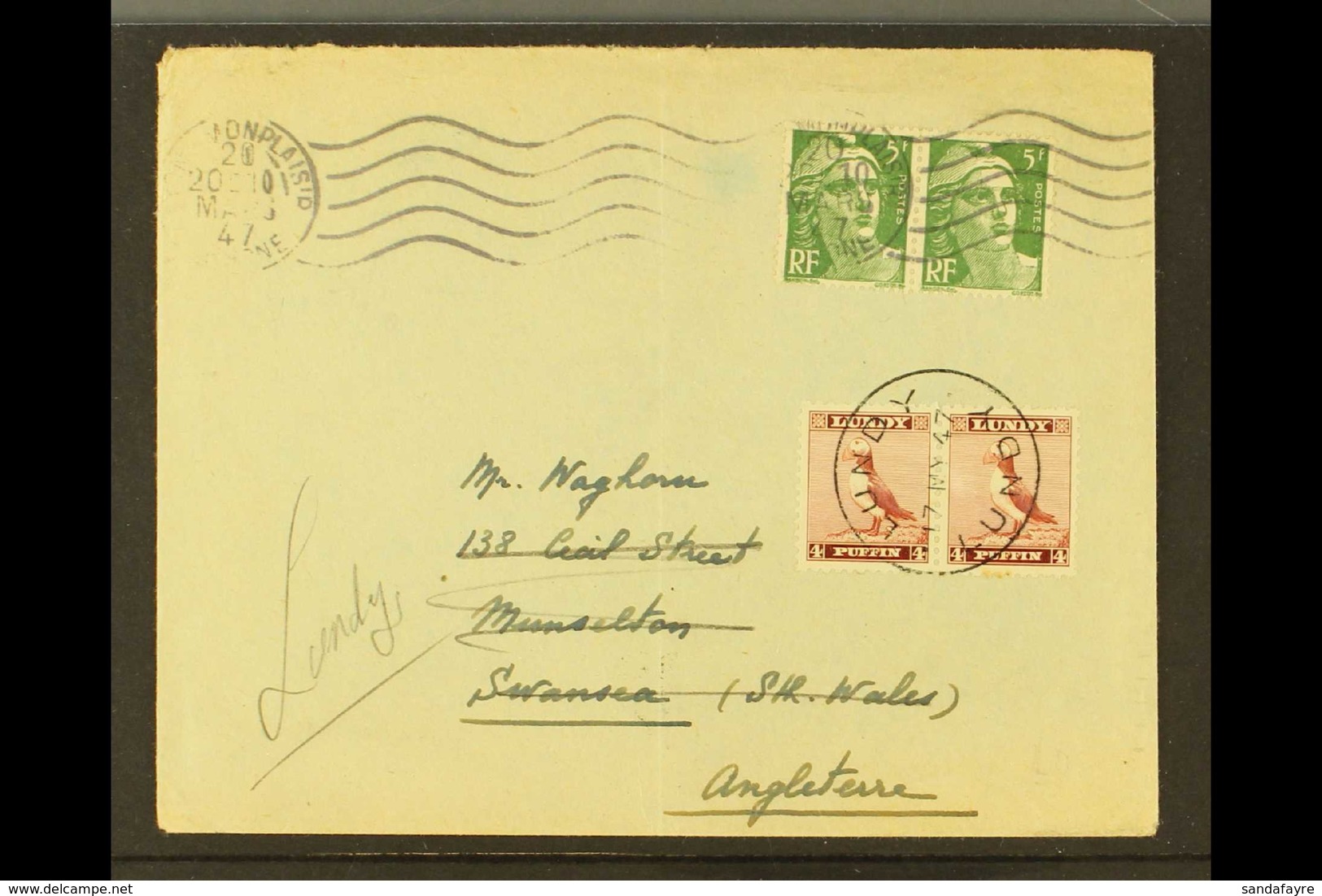 LUNDY 1947 Cover From France To Swansea, Redirected To Lundy And Pair Of Lundy 4 Puffin Stamps Added, Tied By Lundy Cds. - Autres & Non Classés