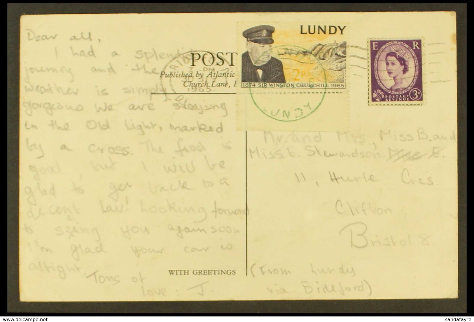 LUNDY 1965 Picture Postcard (map Of Lundy) To Bristol, Bearing GB 3d Wilding Plus Lundy 2p Churchill Tied By Bideford Ma - Sonstige & Ohne Zuordnung