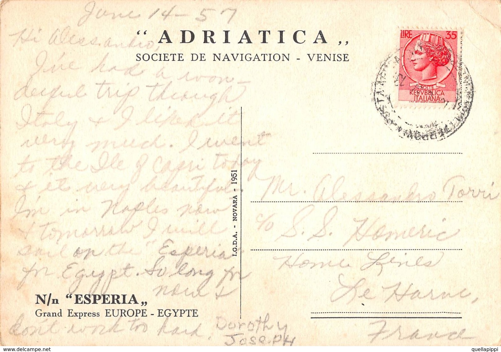 07202 "N/N ESPERIA - GRAND EXPRESS EUROPE -EGYPTE - ADRIATICA COS. DE NAVIG. VENISE" CART SPED 1957 - Banks