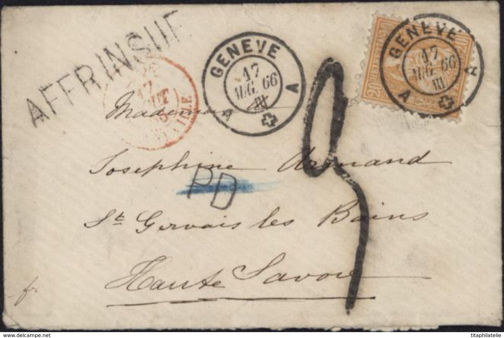 Suisse Helvetia Assise Dentelée YT 37 CAD Genève A Pour St Gervais Les Bains Taxe Tampon 3 Affranchissement Insuffisant - Used Stamps