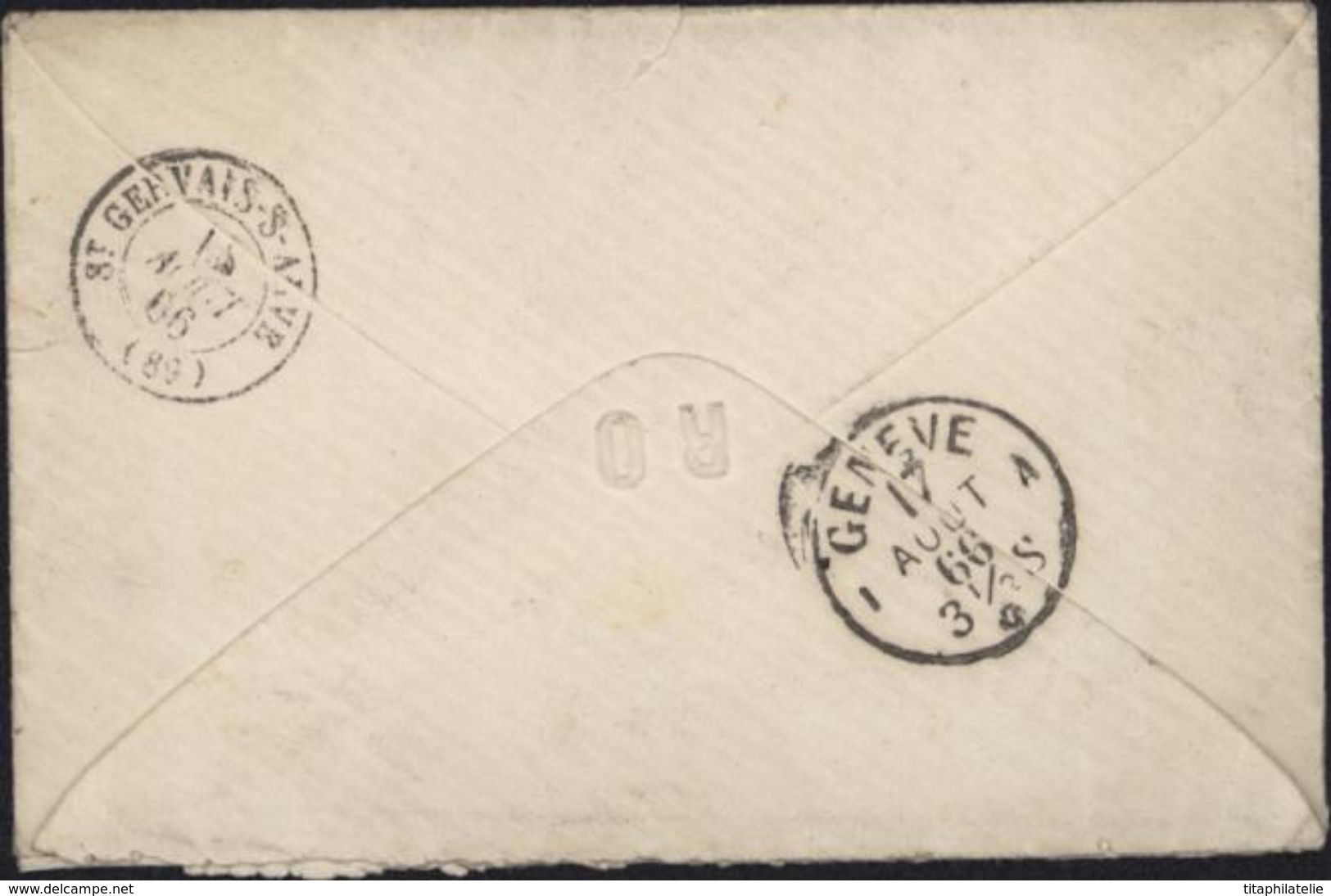 Suisse Helvetia Assise Dentelée YT 37 CAD Genève A Pour St Gervais Les Bains Taxe Tampon 3 Affranchissement Insuffisant - Used Stamps