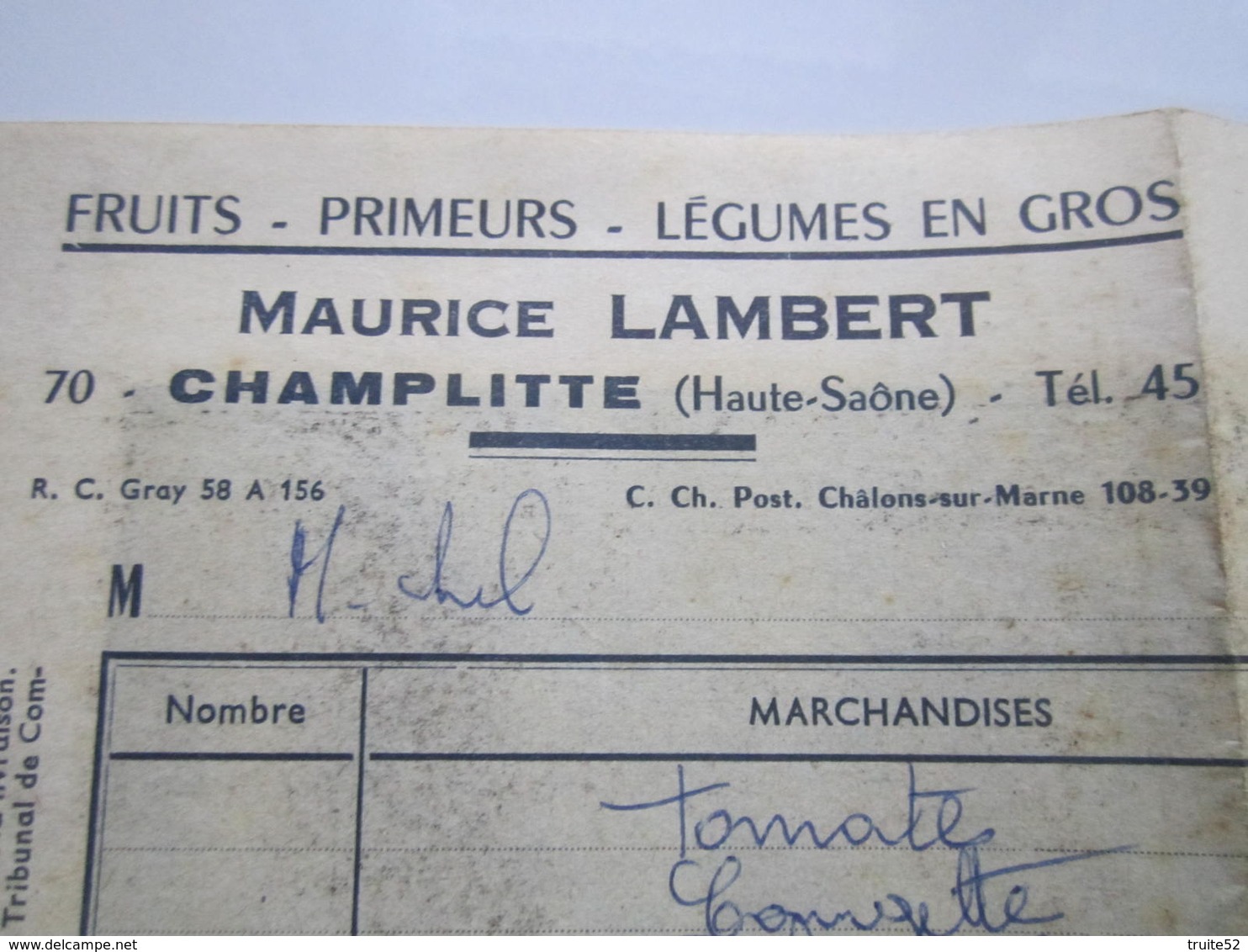 1966 Facture Maurice LAMBERT FRUITS PRIMEURS LEGUMES En GROS CHAMPLITTE (Haute-Saône) - Other & Unclassified