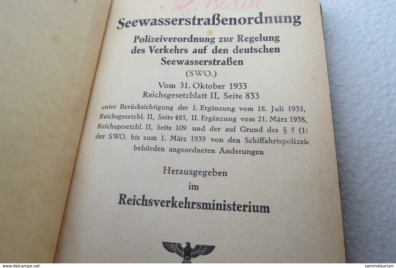 "Seewasserstrassenordnung" Polizeiverordnung Zur Regelung Des Verkehrs Auf Den Deutschen Seewasserstrassen, Von 1939 - Polizie & Militari