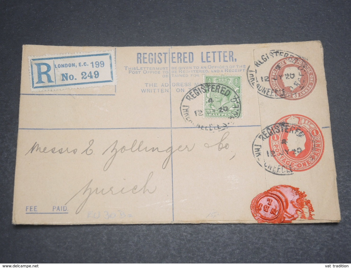 GRANDE BRETAGNE - Entier Postal En Recommandé De Londres Pour La Suisse En 1920 - L 12242 - Material Postal