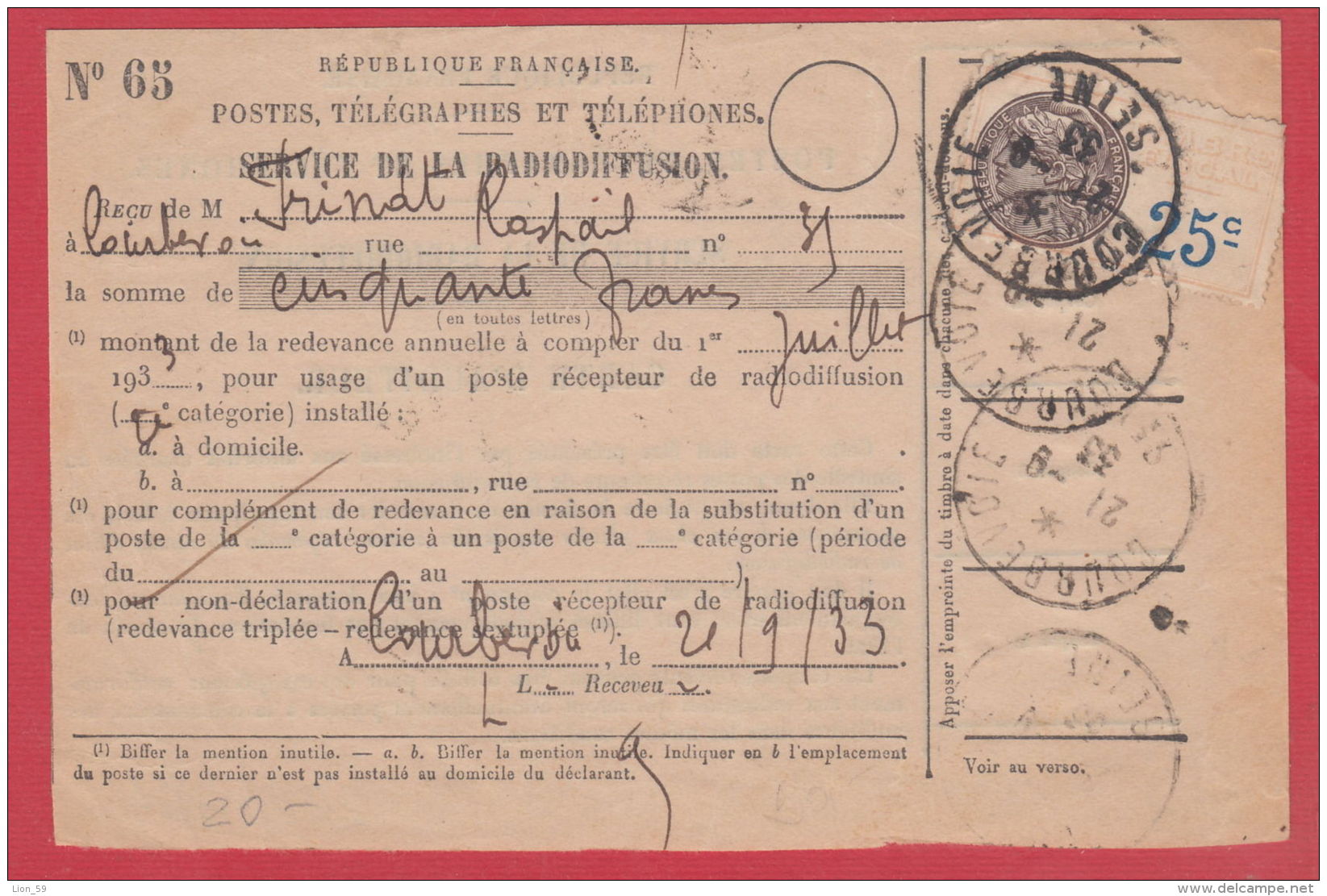 222664 / 1933 Service De La Radiodiffusion - Document Complet Avec Timbre 25 Cts. Revenue  France Frankreich Francia - Radiodiffusion