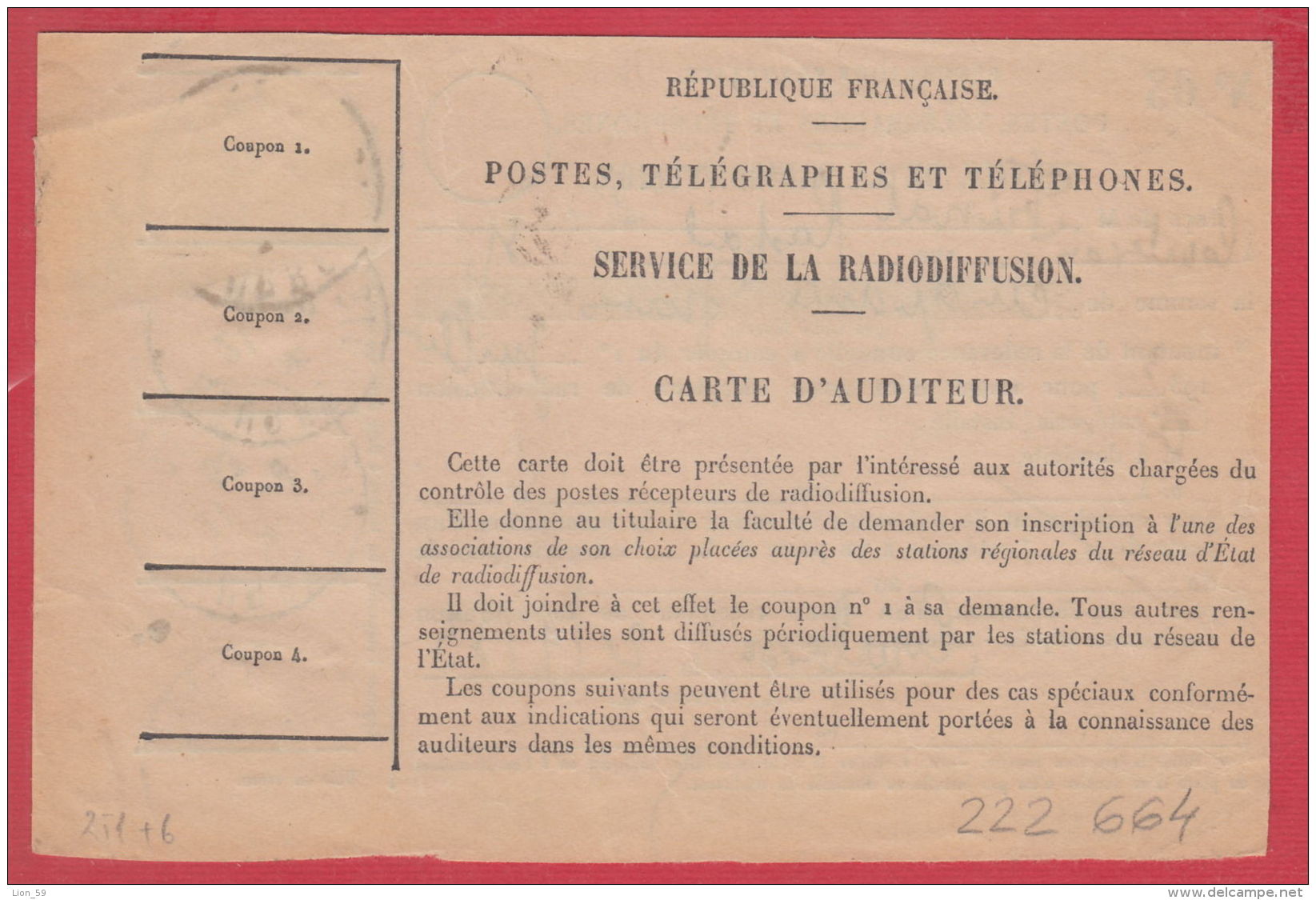 222664 / 1933 Service De La Radiodiffusion - Document Complet Avec Timbre 25 Cts. Revenue  France Frankreich Francia - Radiodiffusion