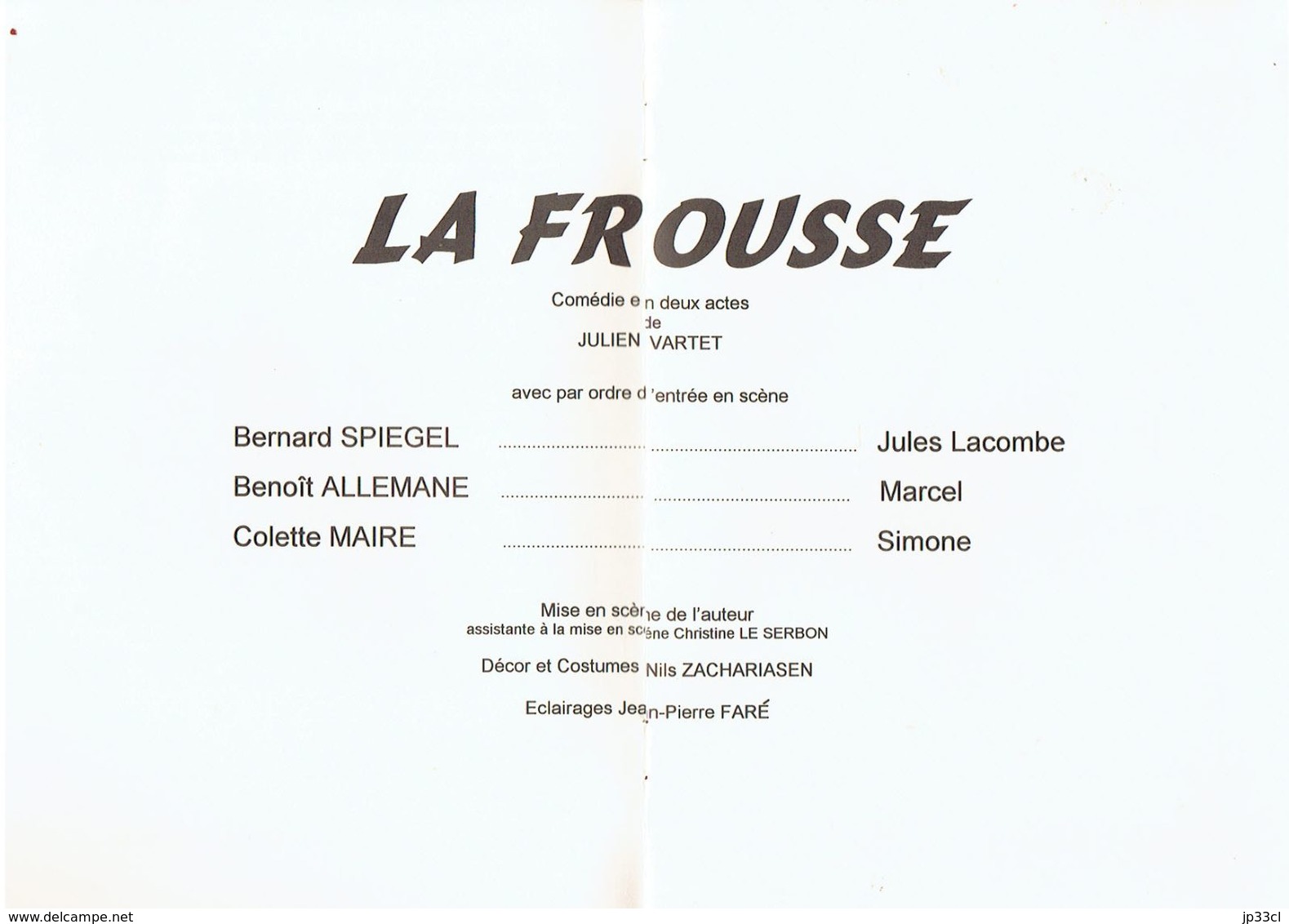 Programme De La Frousse De Jules Vartet, Théâtre Des Mathurins, Paris (Serge Lama, Bernard Lavalette, Michel Galabru) - Programme