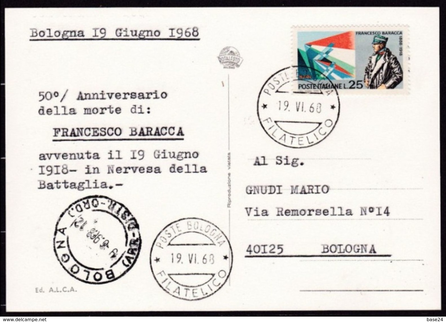 1968 Italia Lugo Di Romagna Cartolina MONUMENTO NAZIONALE A FRANCESCO BARACCA Affr. 25L Baracca Viaggiata Bologna - Prima Guerra Mondiale