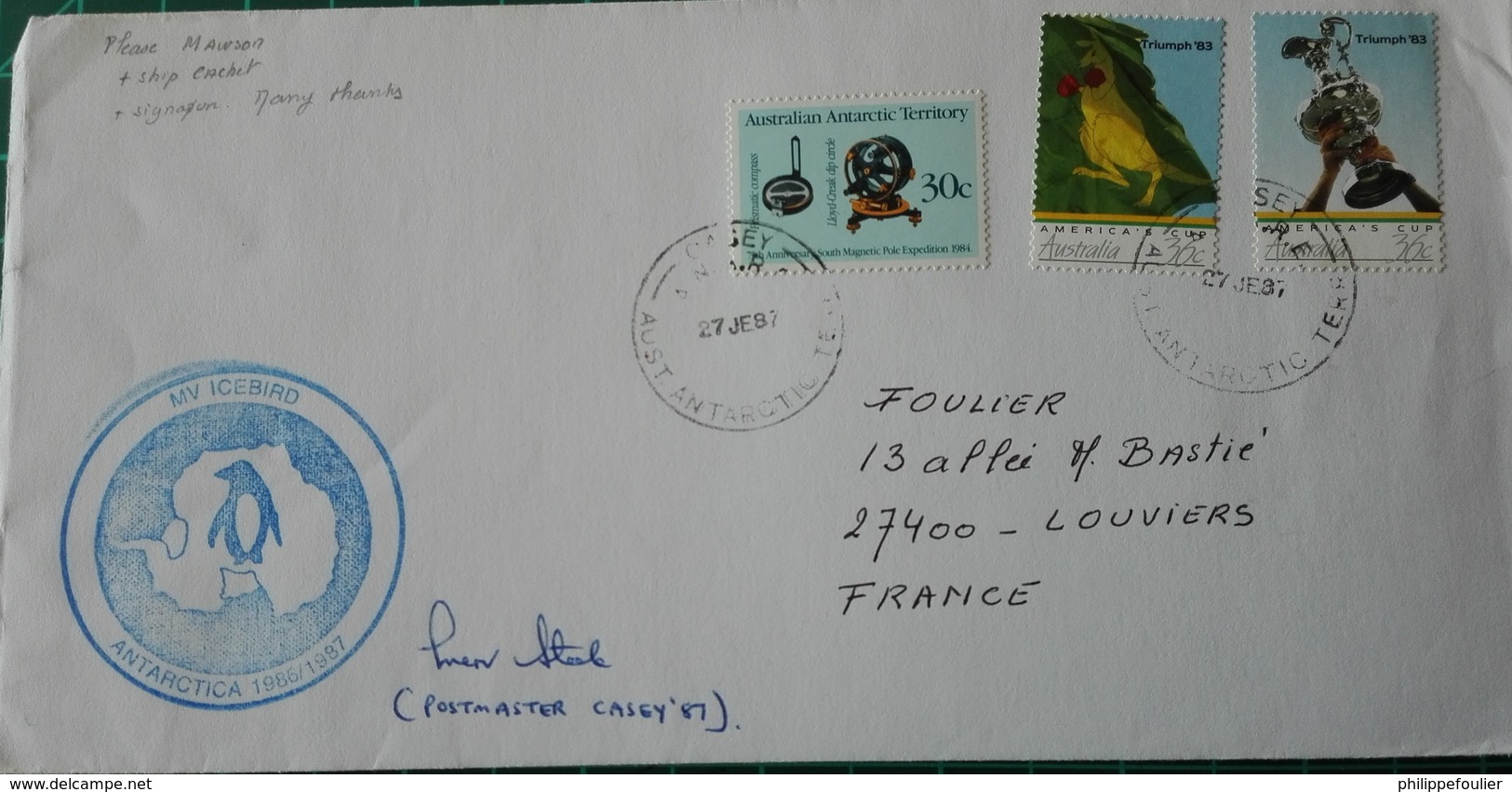 AAT Casey 27/01/87 Cover  - MV Icebird + Postmaster Signature  - Autralian  + Aat Stamps - Lettres & Documents