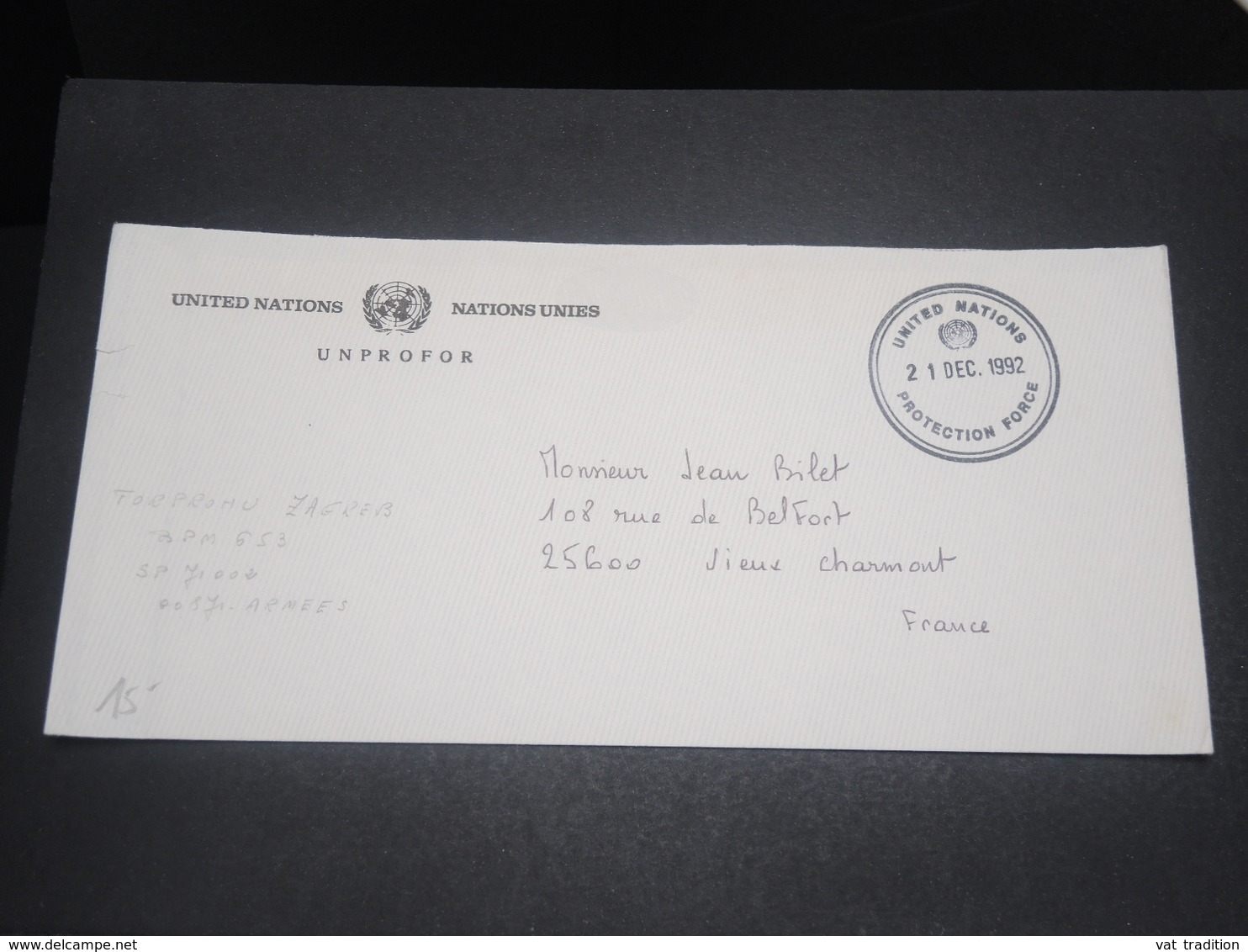 YOUGOSLAVIE- Enveloppe De La Mission Des Nations Unies En 1992 Pour La France En Franchise Postale - L 12302 - Lettres & Documents