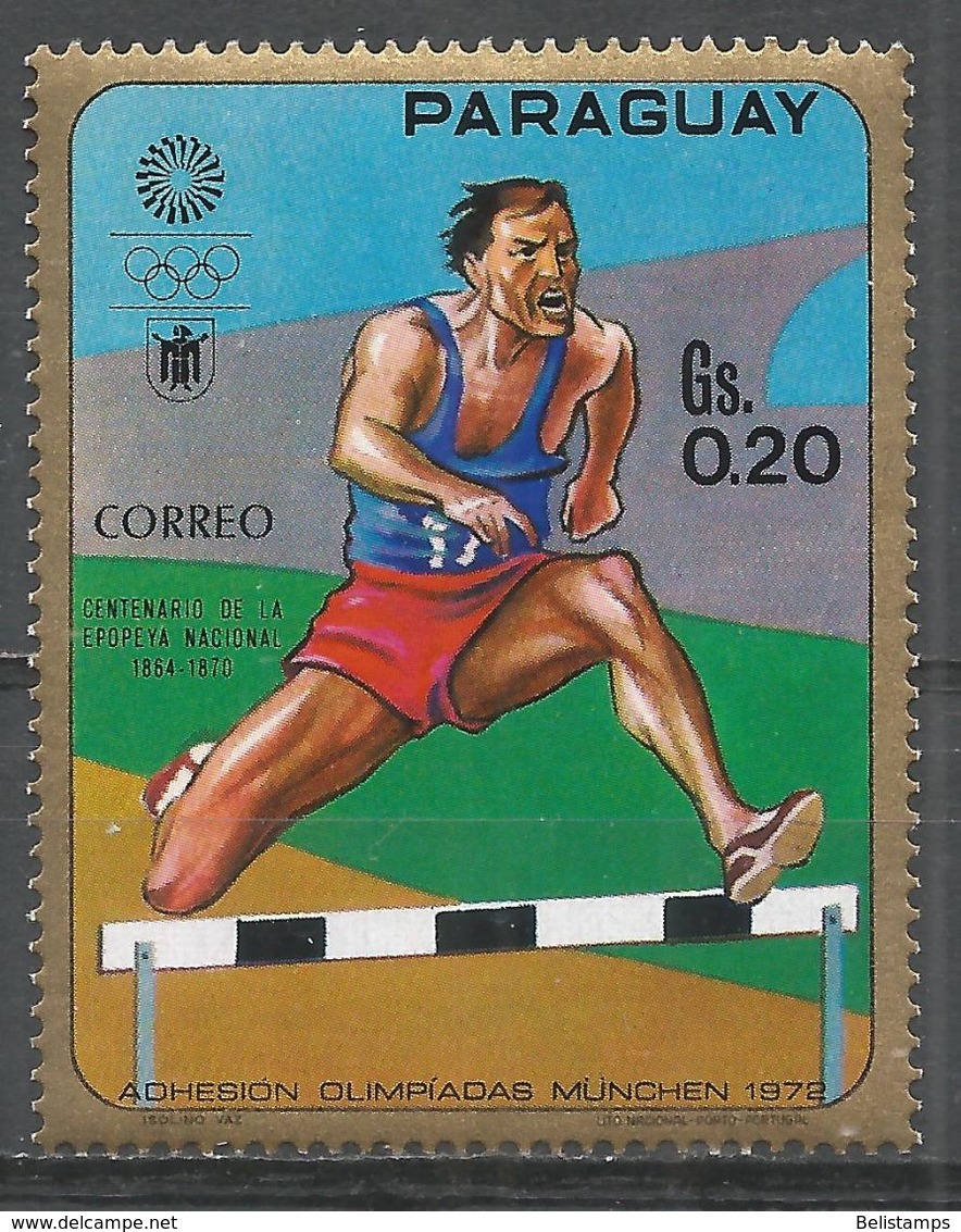 Paraguay 1970. Scott #1262c (MNH) Summer Olympics Munich, Men's Hurdles - Paraguay