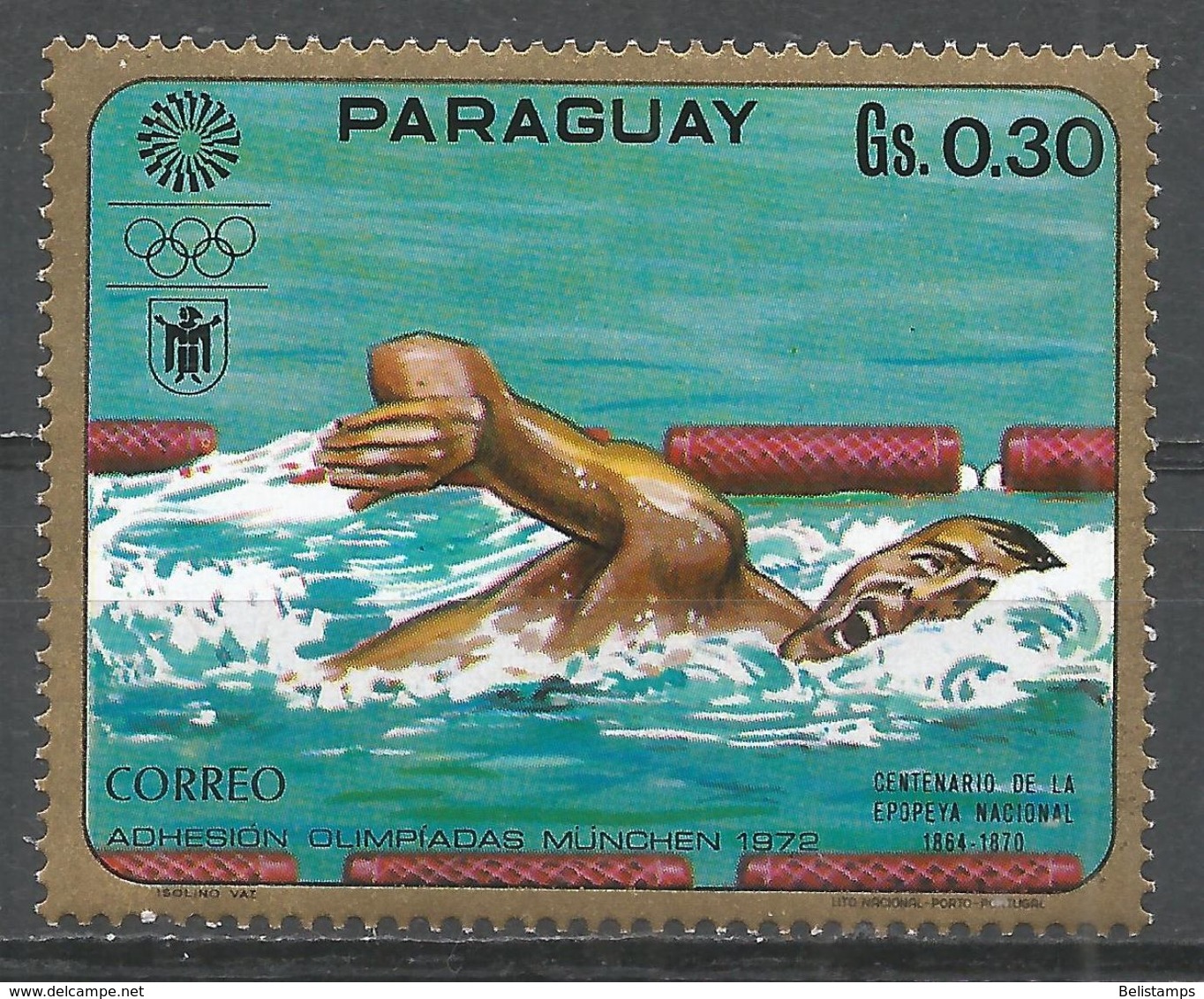 Paraguay 1970. Scott #1262e (MNH) Summer Olympics Munich, Swimming - Paraguay