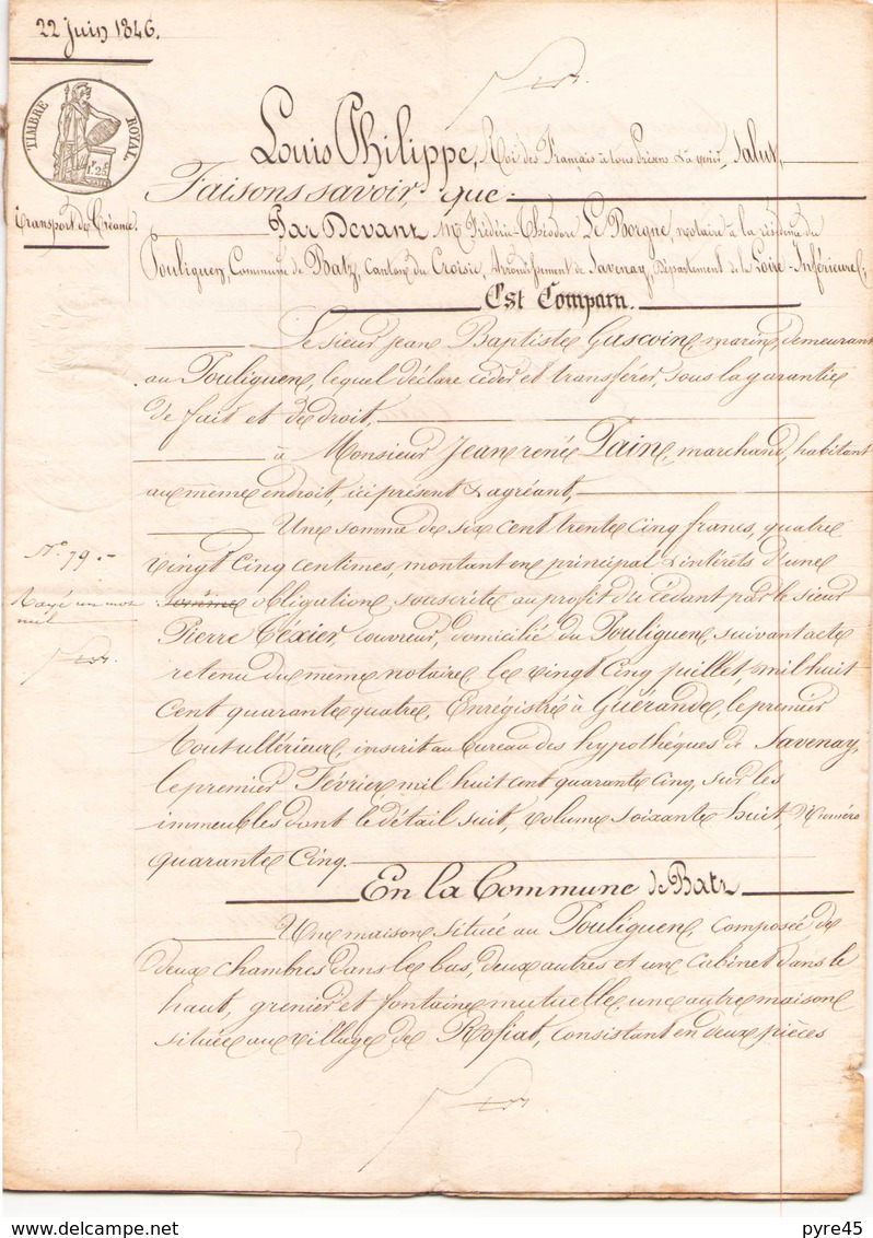 ACTE NOTARIE DU 22 JUIN 1846 TRANSPORT DE CREANCE AU POULIGUEM - Manuscripts