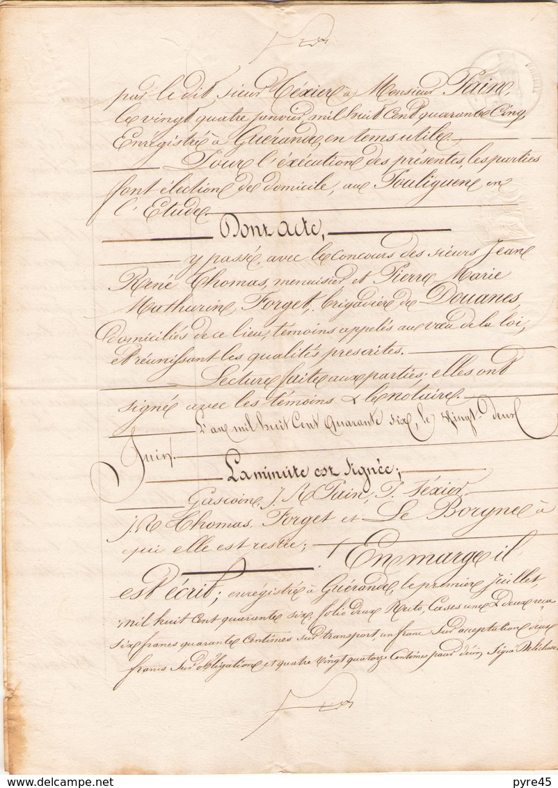 ACTE NOTARIE DU 22 JUIN 1846 TRANSPORT DE CREANCE AU POULIGUEM - Manuscripts