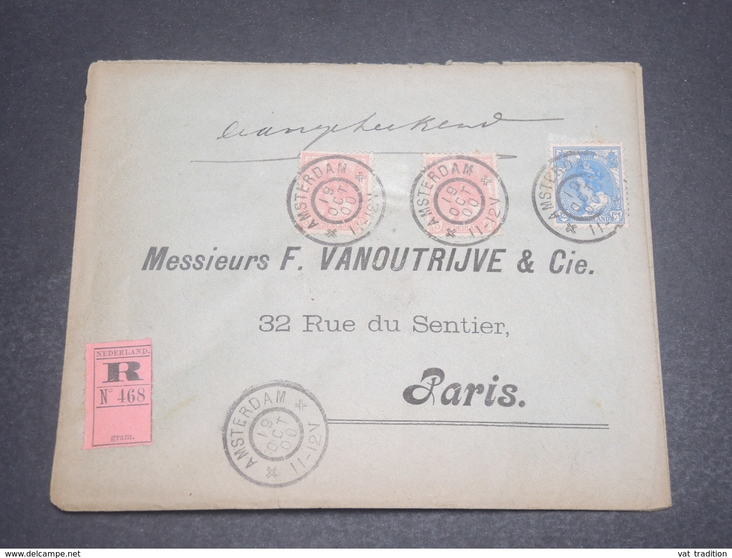 PAYS BAS - Enveloppe Commerciale En Recommandé De Amsterdam Pour Paris En 1900 - L 12317 - Brieven En Documenten