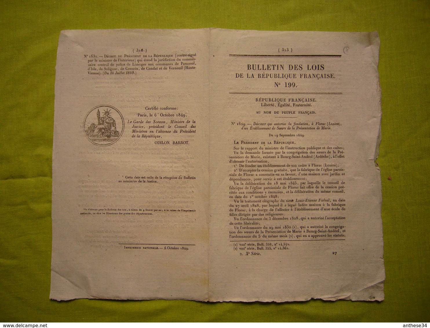 Bulletin Des Lois De 1849 N°199 Relatif à La Fondation D'un établissement De Soeurs à Florac - Décrets & Lois