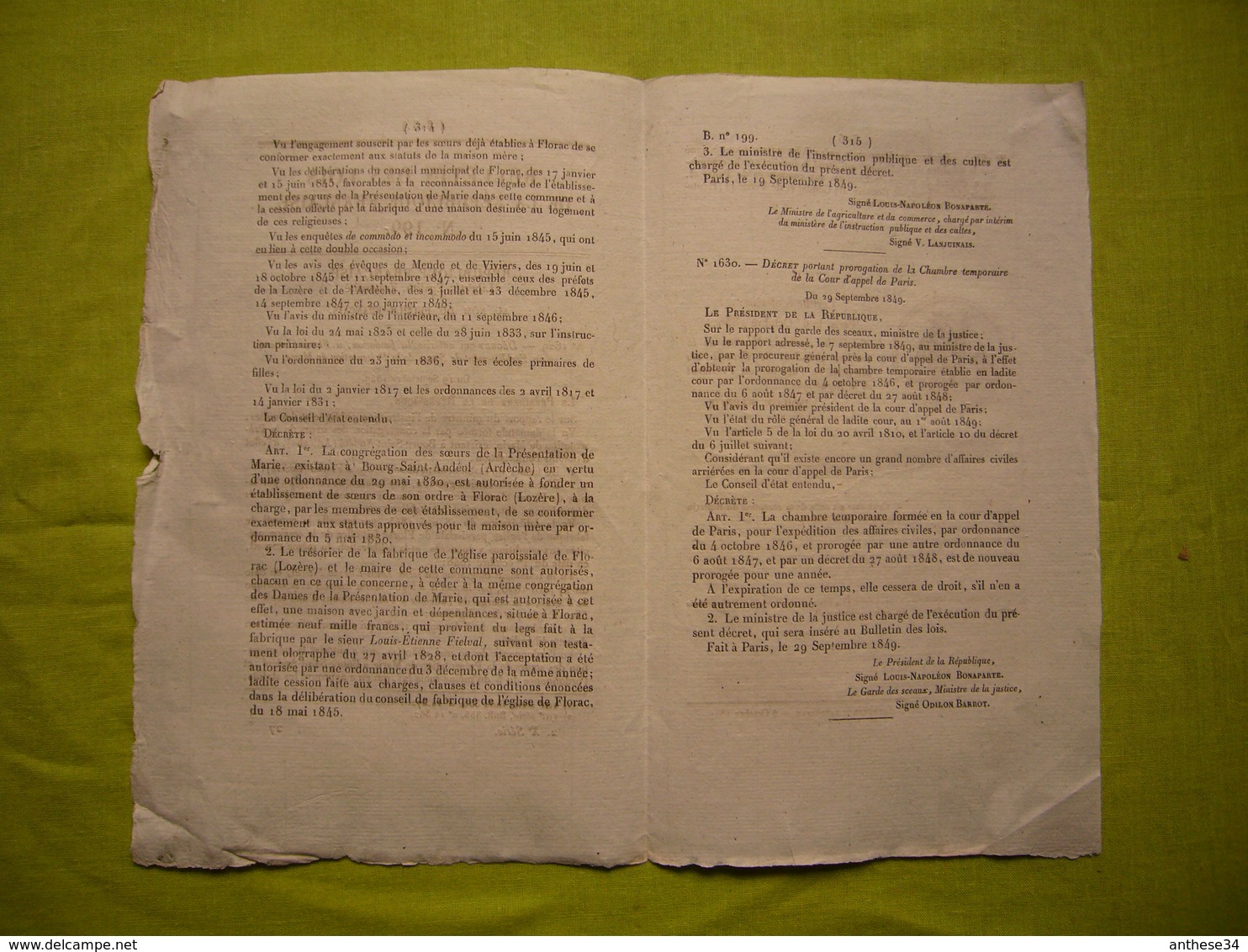 Bulletin Des Lois De 1849 N°199 Relatif à La Fondation D'un établissement De Soeurs à Florac - Décrets & Lois