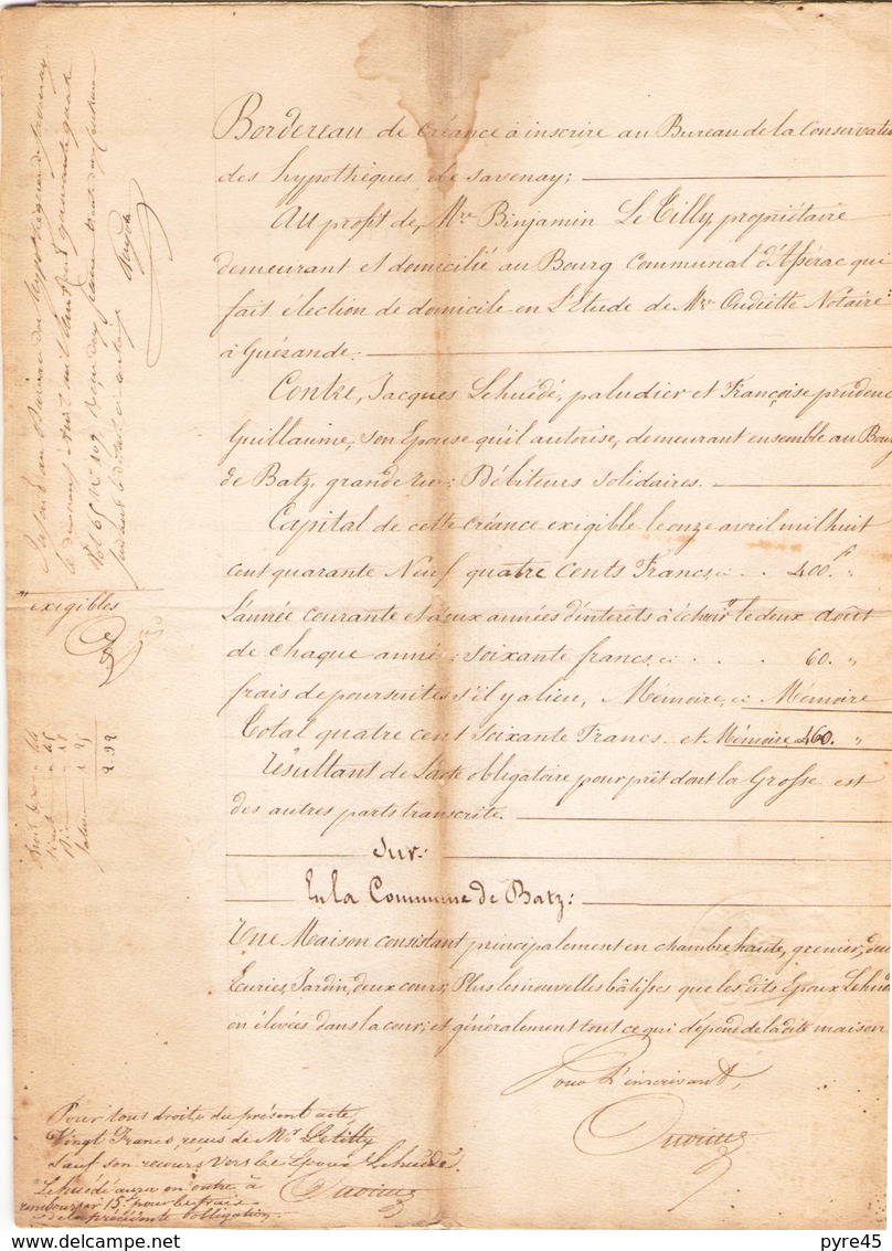 ACTE NOTARIE DU 11 AVRIL 1844 OBLIGATION DE 400 FRANCS A BATZ - Manuscripts