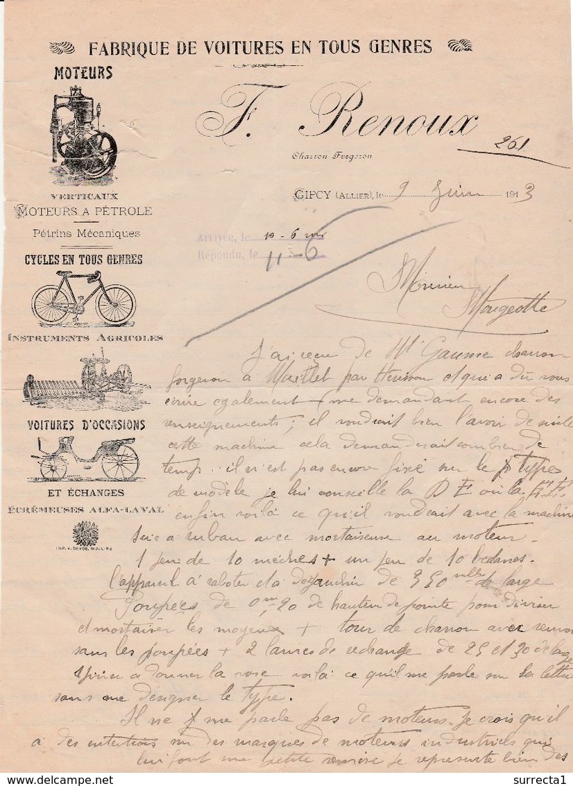 Facture 1911 / F. RENOUX / Fabrique Voitures / Moteurs Verticaux / Cycles / 03 Gipcy / Allier - Other & Unclassified