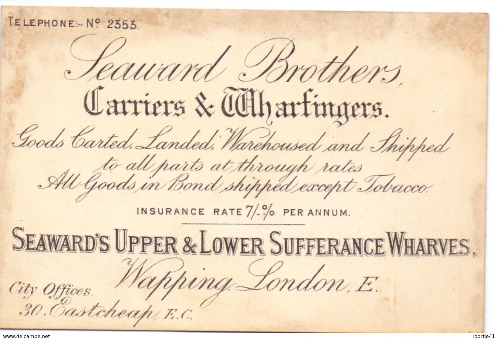 Visitekaartje - Carte Visite - Seaward Brothers - Carriers & Wharfingers - Wharves  - London - Tarjetas De Visita