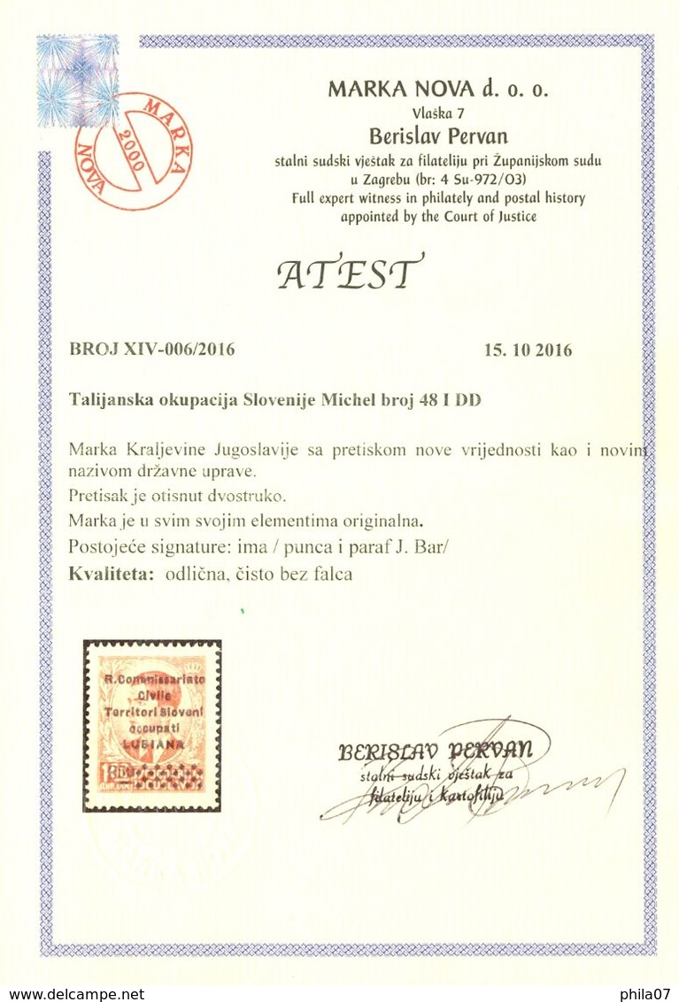 Slovenia - Mi.No. 48 I DD, Stamp With Double Overprint, Signed Bar, Photo Certificate Pervan / As Is On Scan, 2 Scans - Serbie