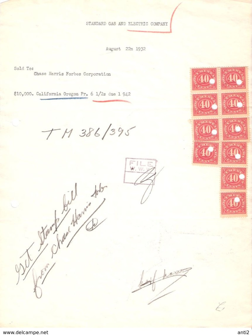 USA Document - Sales Contract With Document Stamps   - August 22 1932, Standard Gas And Elctric Company - United States