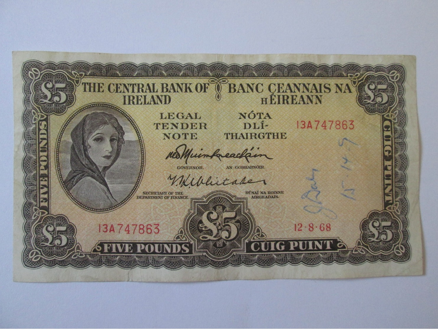 Rare! Ireland  5 Pounds 1968 Banknote - Ireland